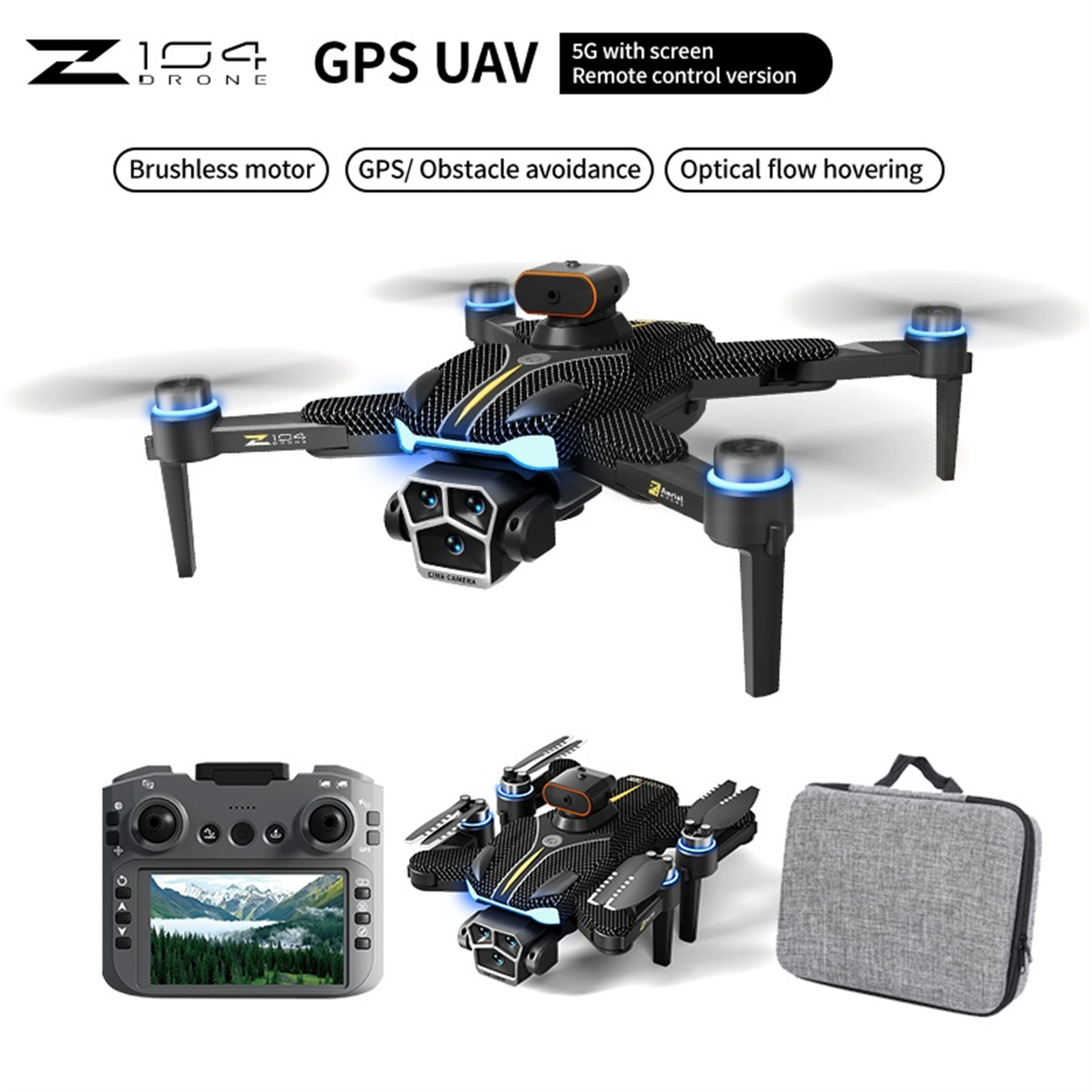 Schwarze Drohne mit Kamera, Fernbedienung und Koffer. Merkmale: GPS UAV, bürstenloser Motor und optisches Schwebefliegen.