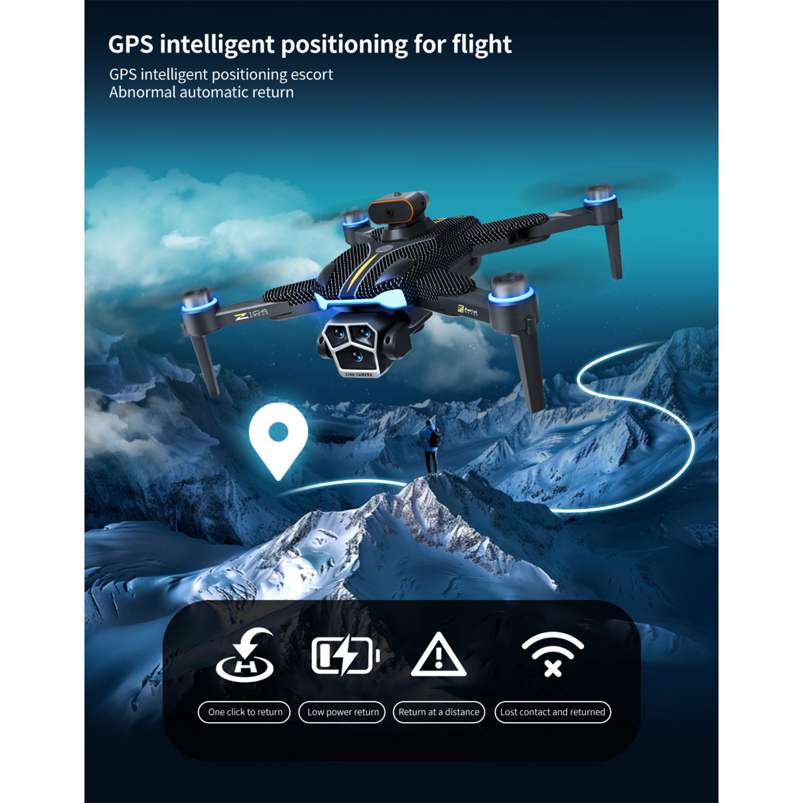 Drohne mit GPS-Positionierung, zeigt Rückgabeoptionen. Bild zeigt Person auf Berg und Landschaft.