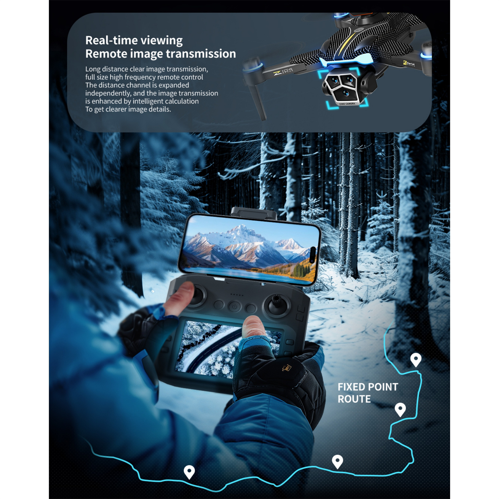 Drohne mit Telefon, das eine Berglandschaft zeigt, gehalten von Person in blauer Jacke. Waldhintergrund und Routenmarkierungen.