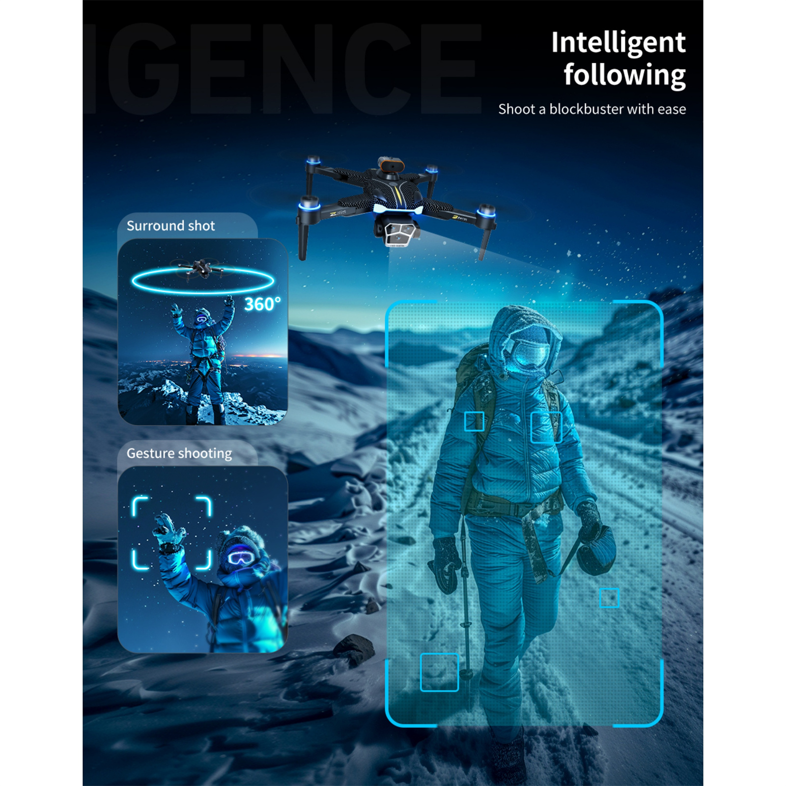 Drohne mit intelligentem Folgen und Aufnahmemodi. Zeigt Surround-Aufnahme, Gestenaufnahme und eine Person beim Gehen.