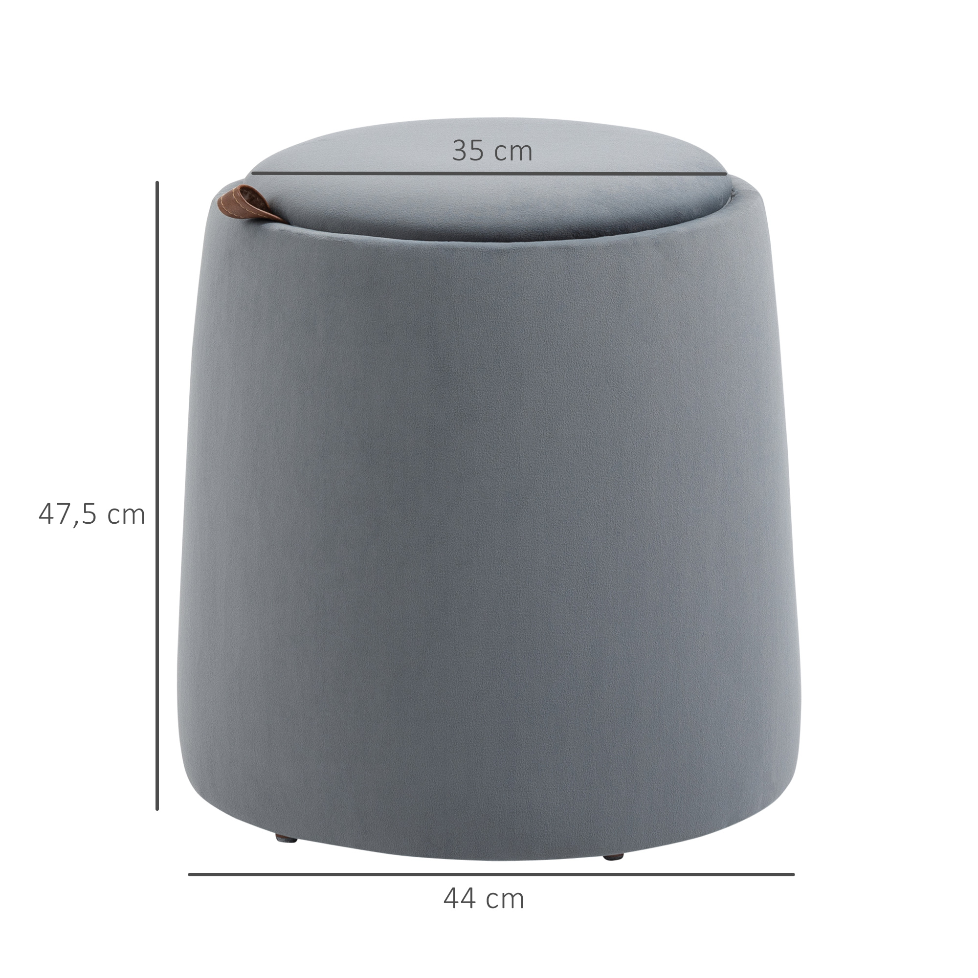 Grauer, zylindrischer Hocker mit Abmessungen. Oben befindet sich ein brauner Ledergriff. Weißer Hintergrund.