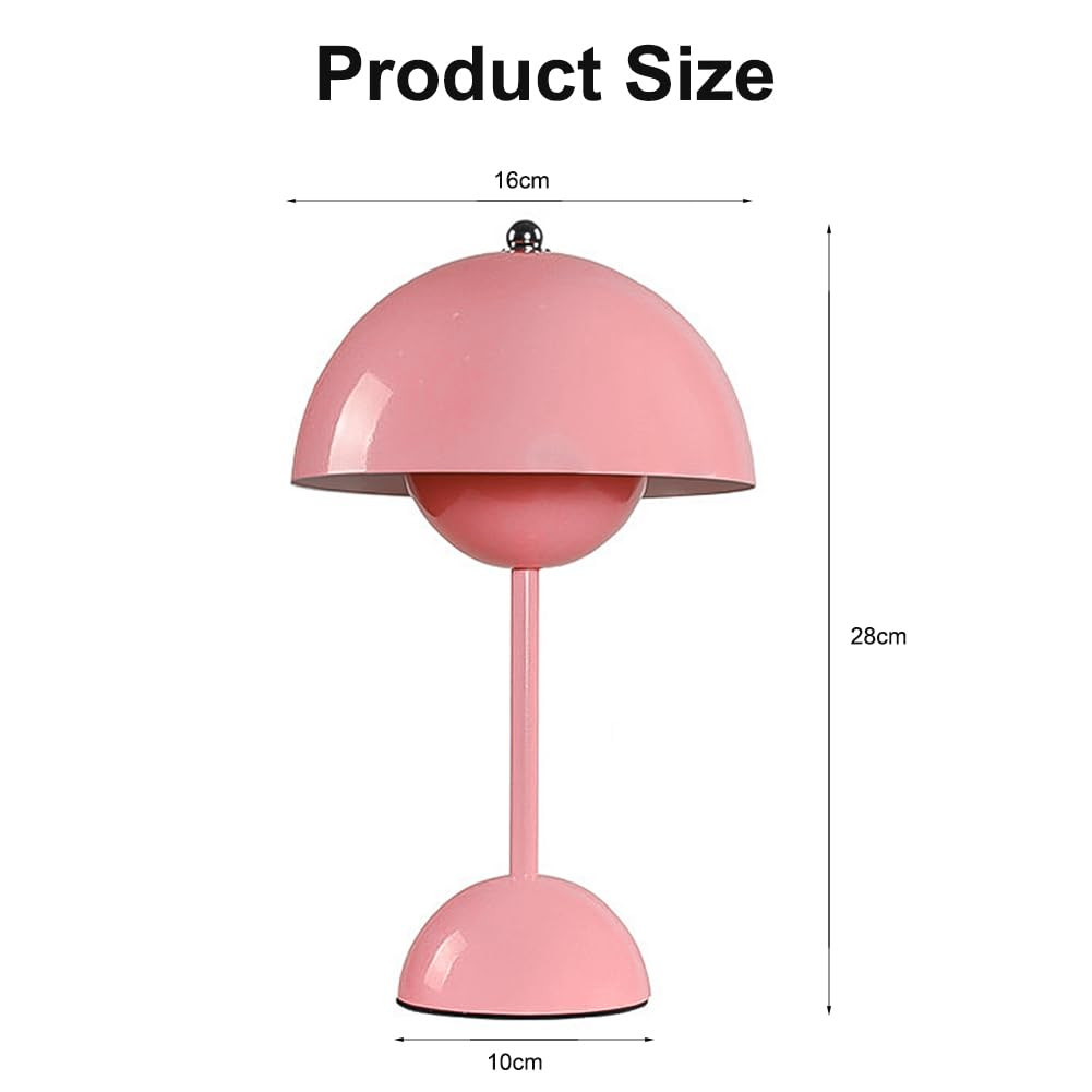 Eine rosa Schreibtischlampe mit abgerundeter Ober- und Unterseite. Sie hat einen dünnen Stiel.