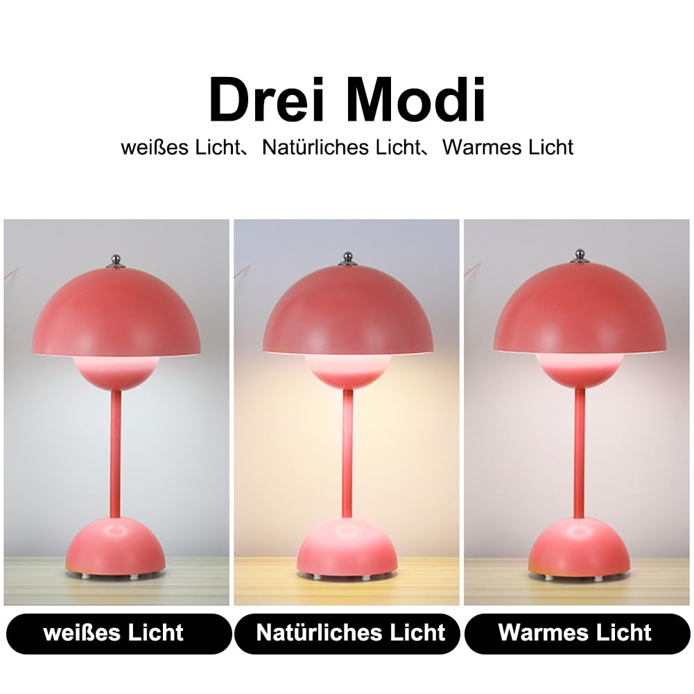 Rosa Pilzlampen mit drei verschiedenen Lichtmodi: weißes, natürliches und warmes Licht. Weißer Hintergrund.