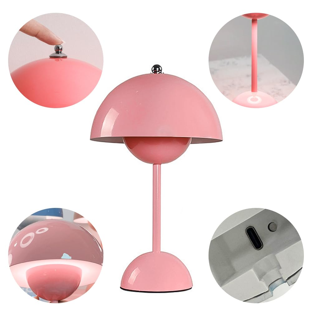 Rosa Pilzlampe mit Nahaufnahmedetails. Touch-Taste, Licht innen und Ein-/Aus-Taste sind abgebildet.