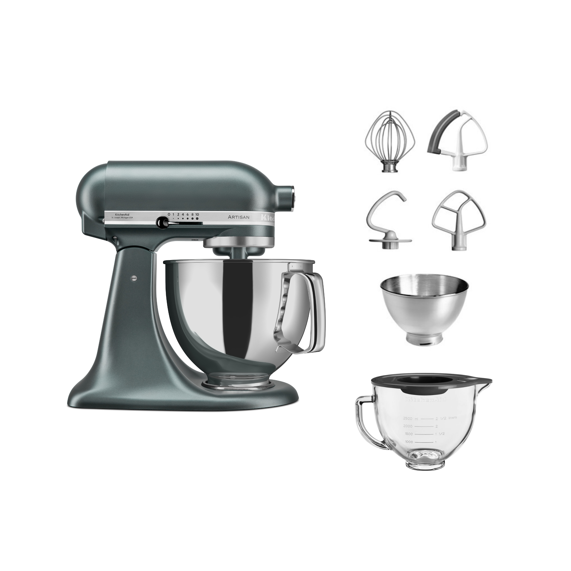 Grauer Küchen-Standmixer mit verschiedenen Aufsätzen, einschließlich Schneebesen, Knethaken und Rührschüsseln.