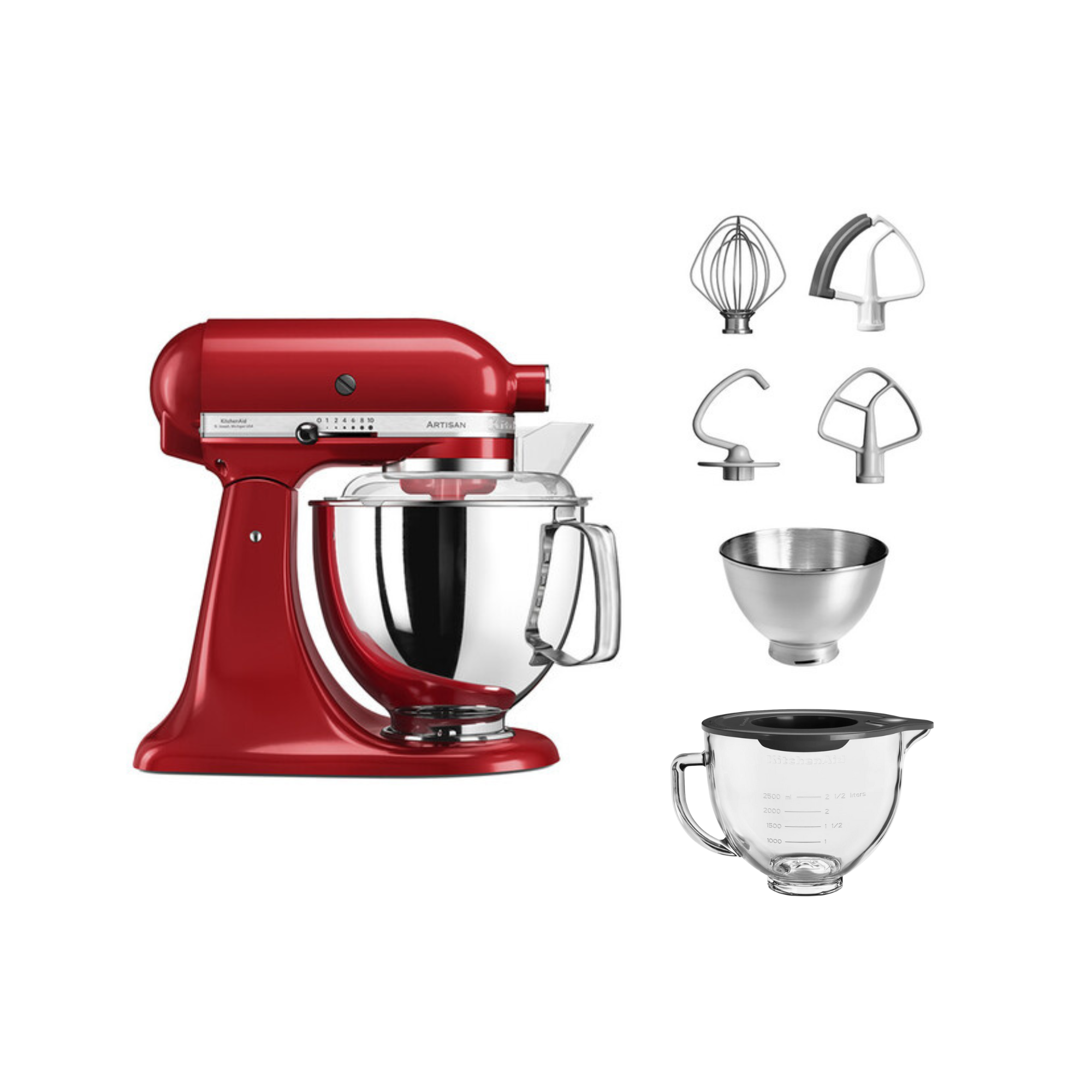 Roter Standmixer mit verschiedenen Aufsätzen, darunter Schneebesen, Paddel, Knethaken, Schüssel und Messbecher.