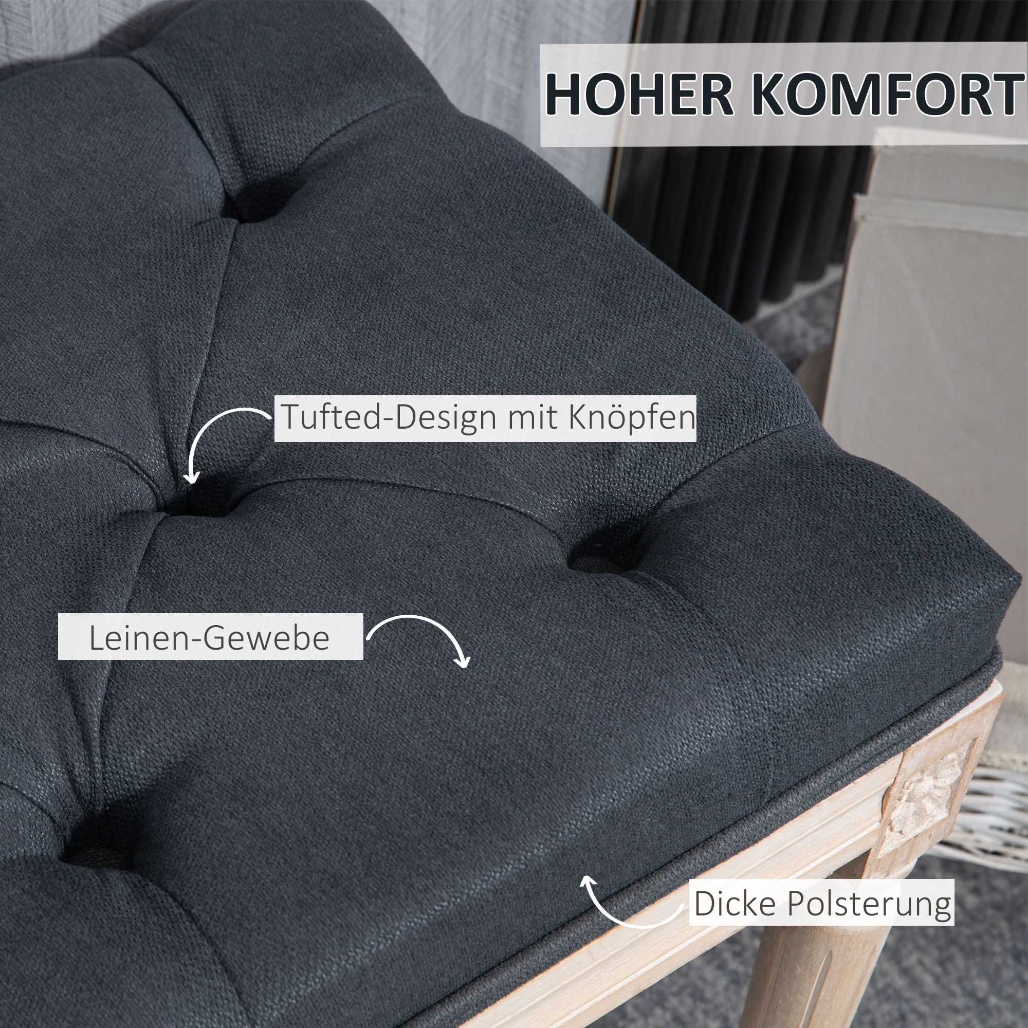 Nahaufnahme einer getufteten dunkelgrauen Bank mit Holzrahmen, Textbeschriftungen weisen auf die Details hin.