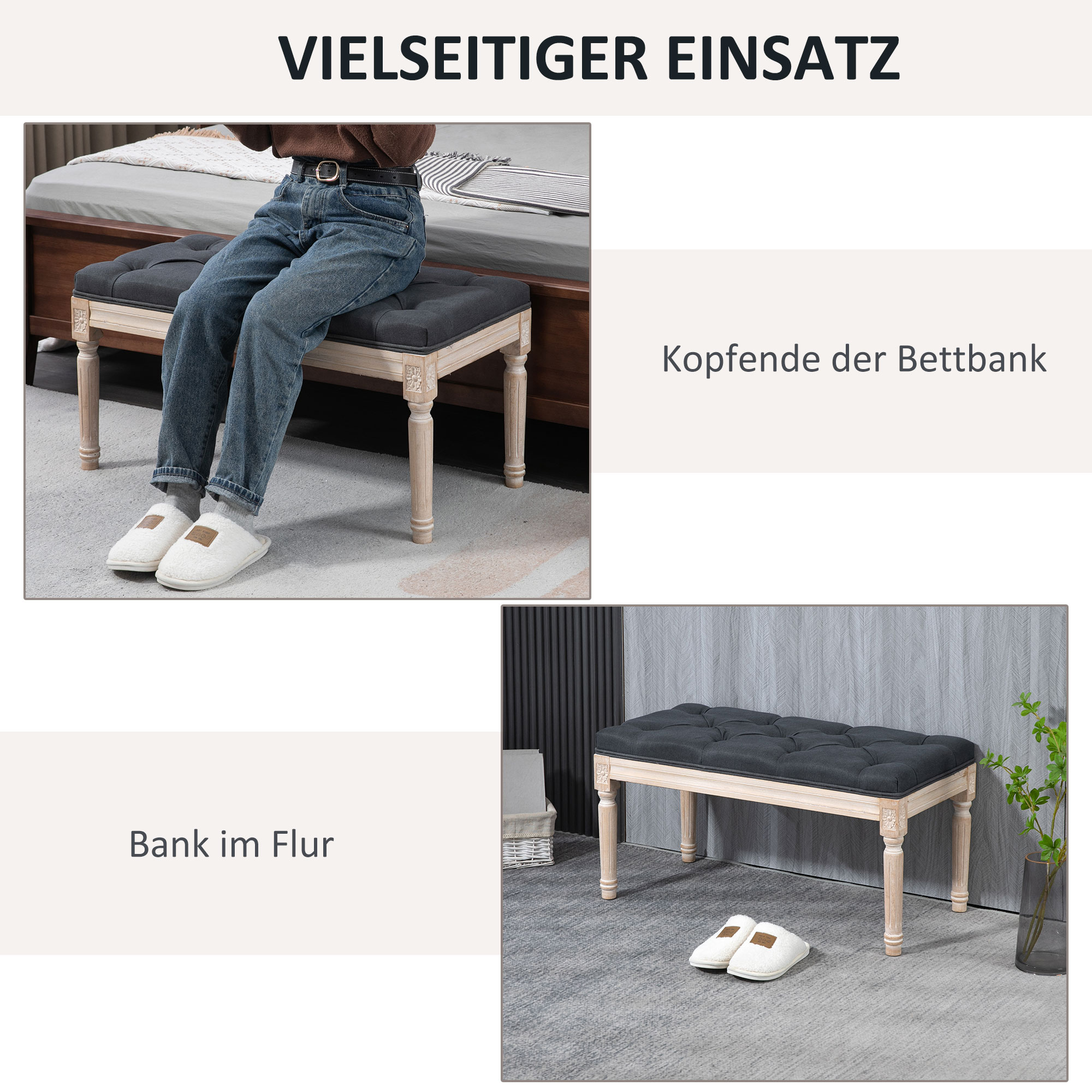 Szenen einer Bank, die in verschiedenen Umgebungen verwendet wird: Schlafzimmer und Flur, mit Person und Schuhen.