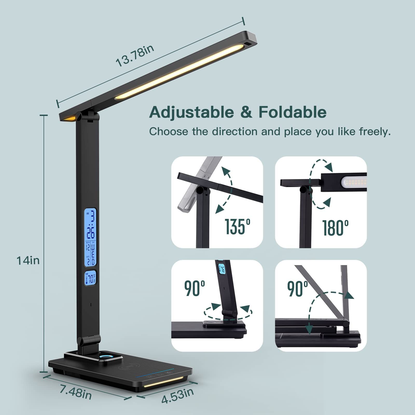 Schwarze Schreibtischlampe mit verstellbaren und faltbaren Funktionen und Digitalanzeige, mit Maßangaben.