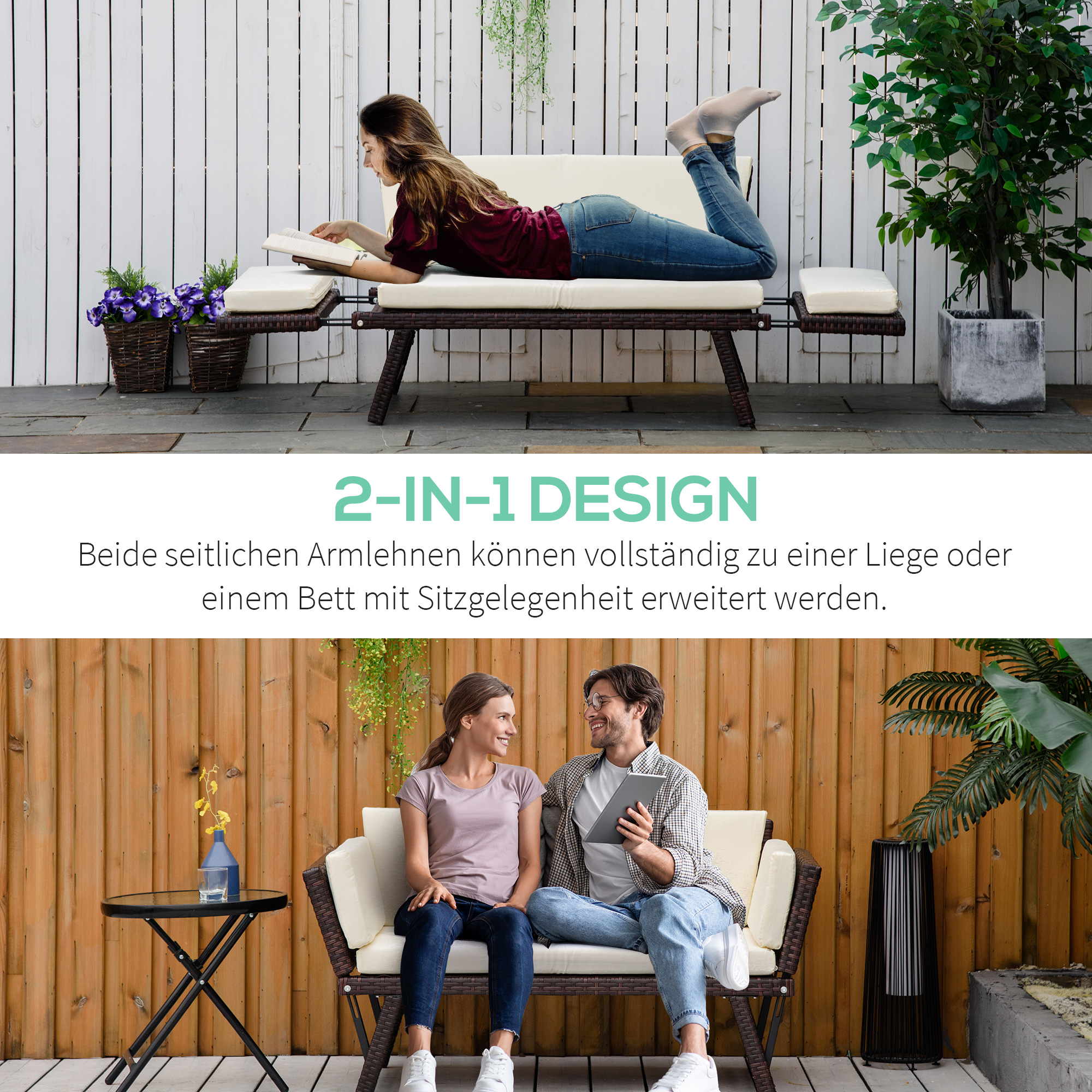 Zwei Personen auf einem Sofa im Freien beim Lesen, während andere das Sofa auf zwei Arten nutzen.