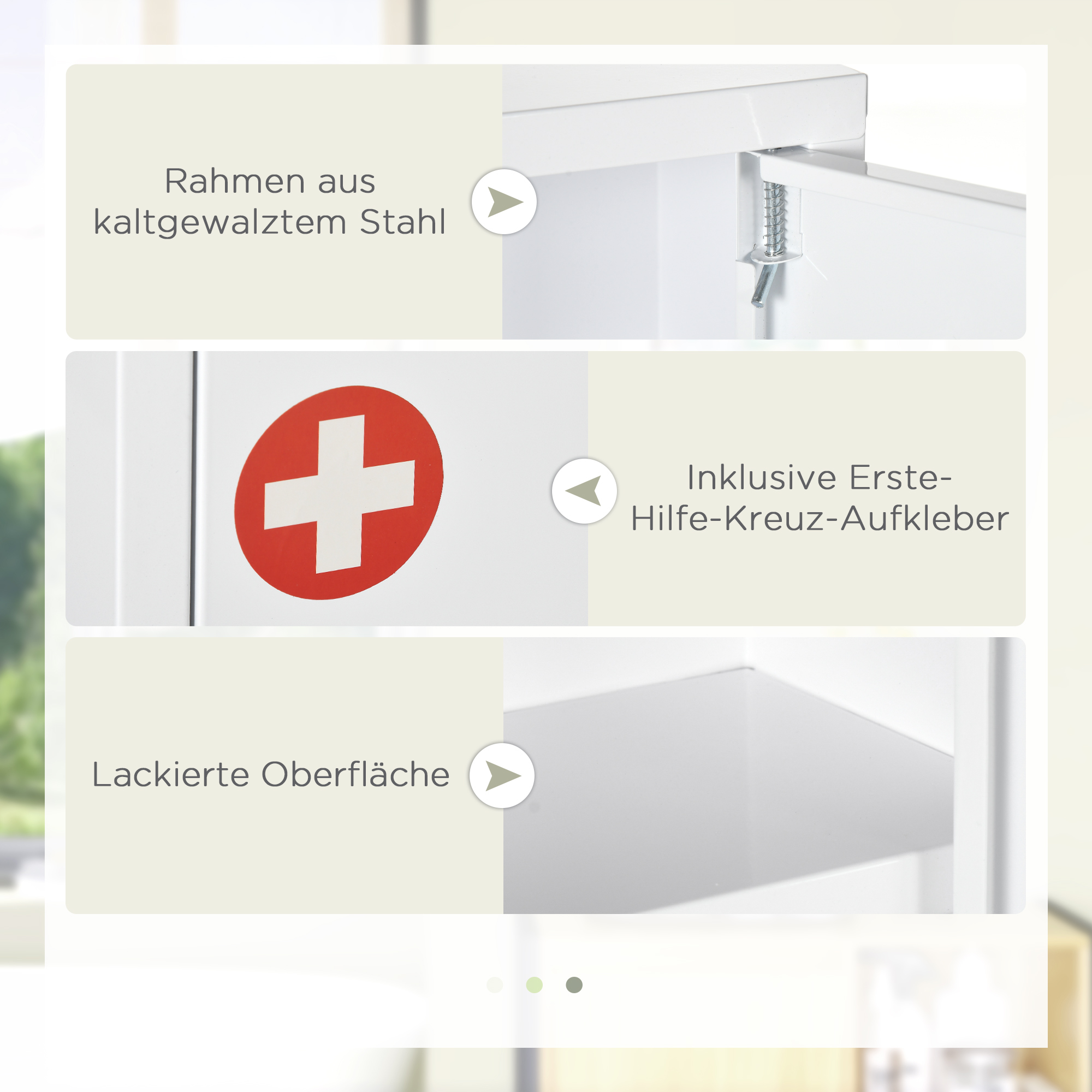 Diagramm der Komponenten eines weißen Erste-Hilfe-Schranks. Rotes Kreuz, Rahmen und beschriftete Regale.