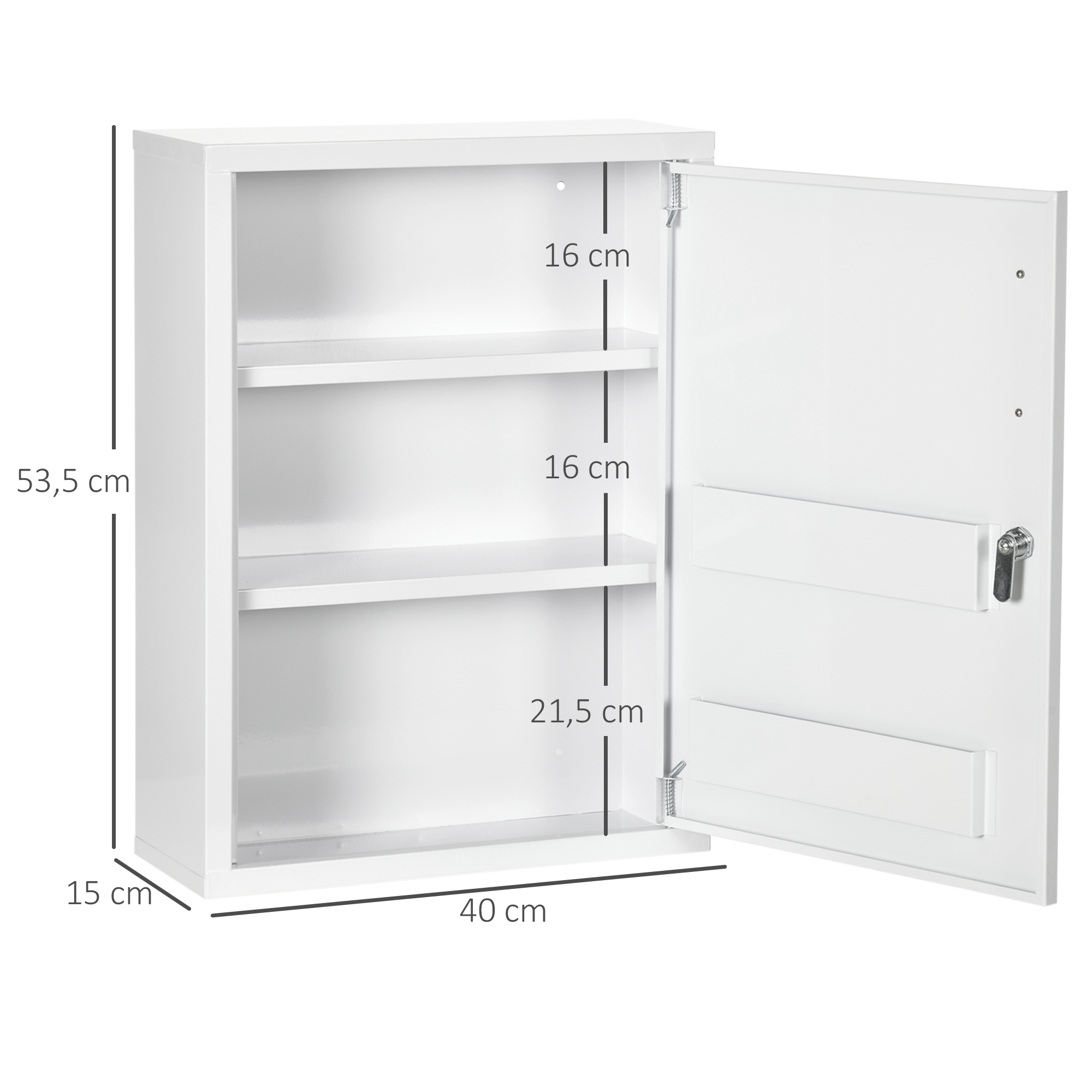 Offener weißer Erste-Hilfe-Schrank. Drei Regale innen mit Abmessungen. Tür rechts offen.