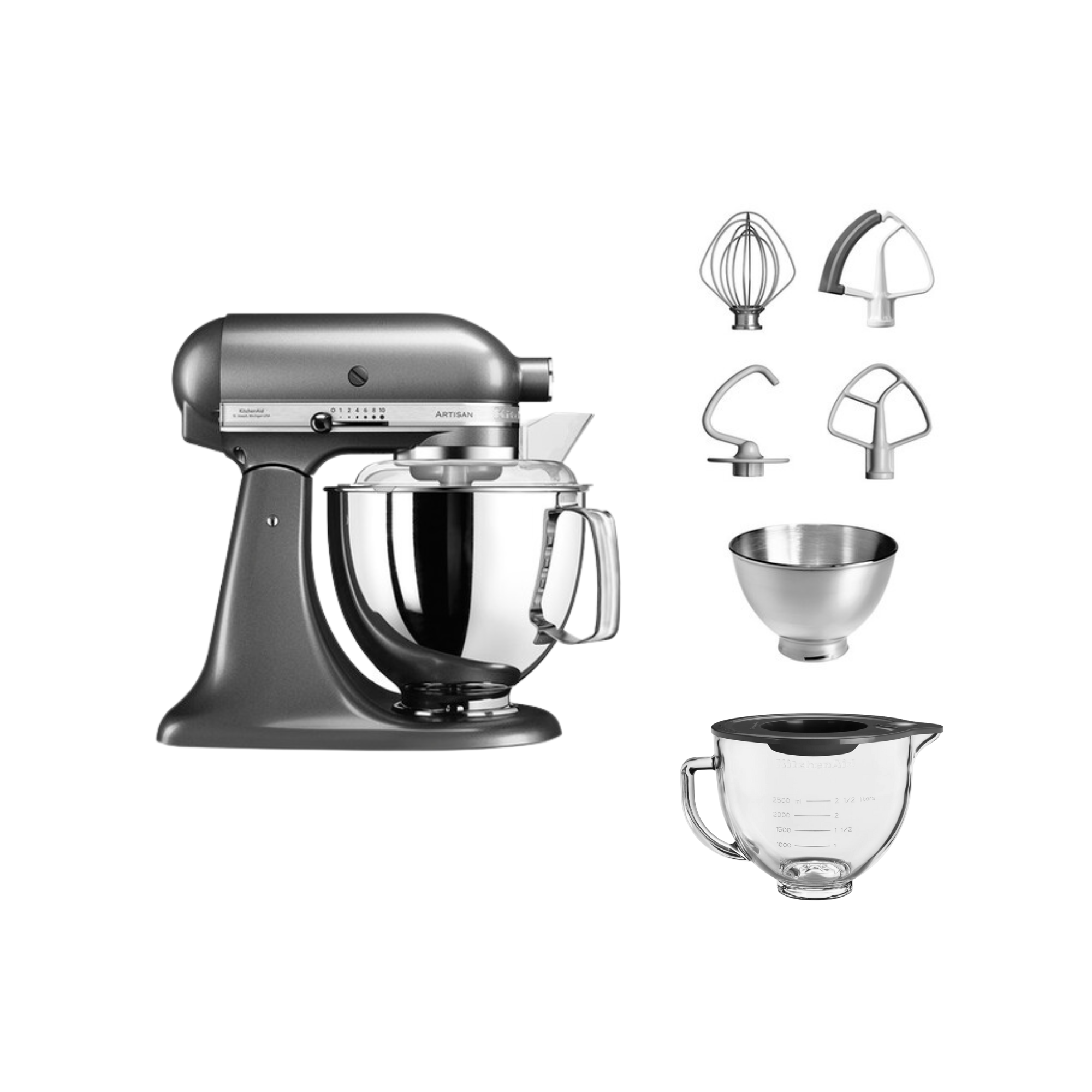 Grauer Küchenmixer mit verschiedenen Aufsätzen. Schüssel, Schneebesen, Knethaken und Ausgießschutz sichtbar.