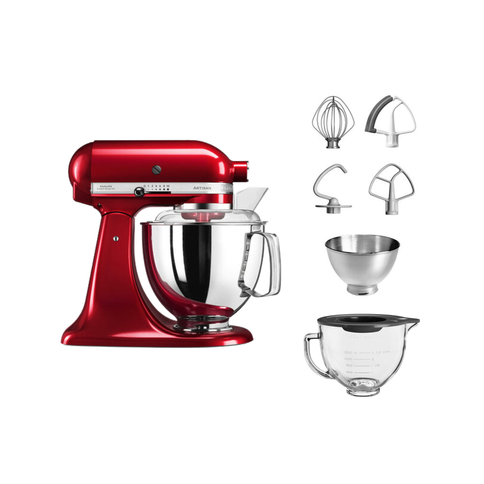 Roter KitchenAid-Mixer mit Aufsätzen auf weißem Hintergrund.
