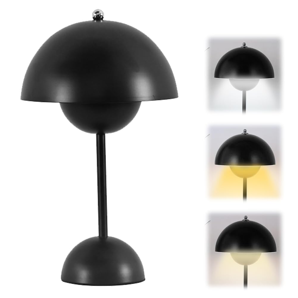 Schwarze, pilzförmige Schreibtischlampe mit kugelförmigem Sockel, mit 3 verschiedenen Lichteinstellungen.
