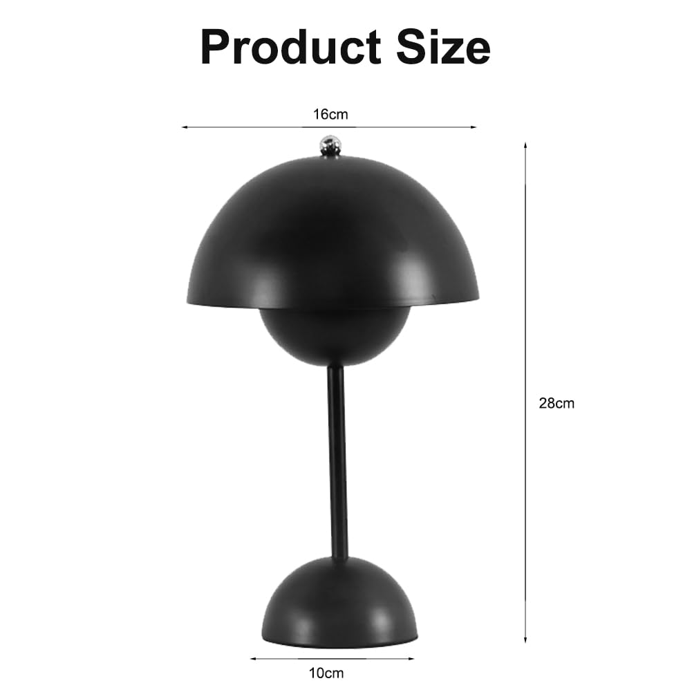 Schwarze Kuppellampe mit Maßen: 16cm Breite, 28cm Höhe, 10cm Fuß.
