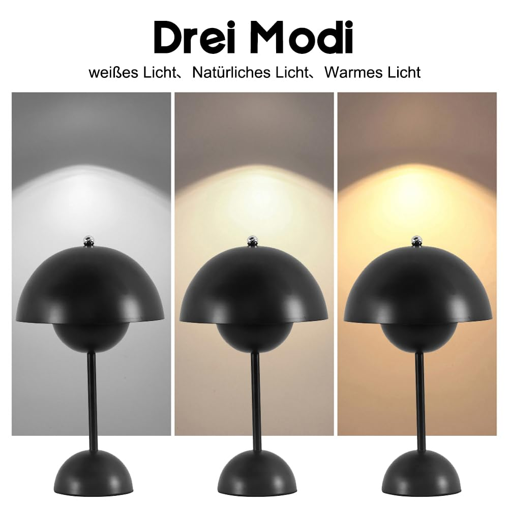Drei schwarze Kuppellampen, die weiße, natürliche und warme Lichtmodi zeigen.