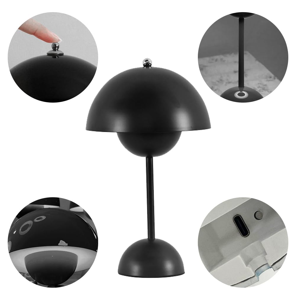 Schwarze pilzförmige Lampe mit Nahaufnahmen von Oberseite, Sockel und Berührungsaktivierung.