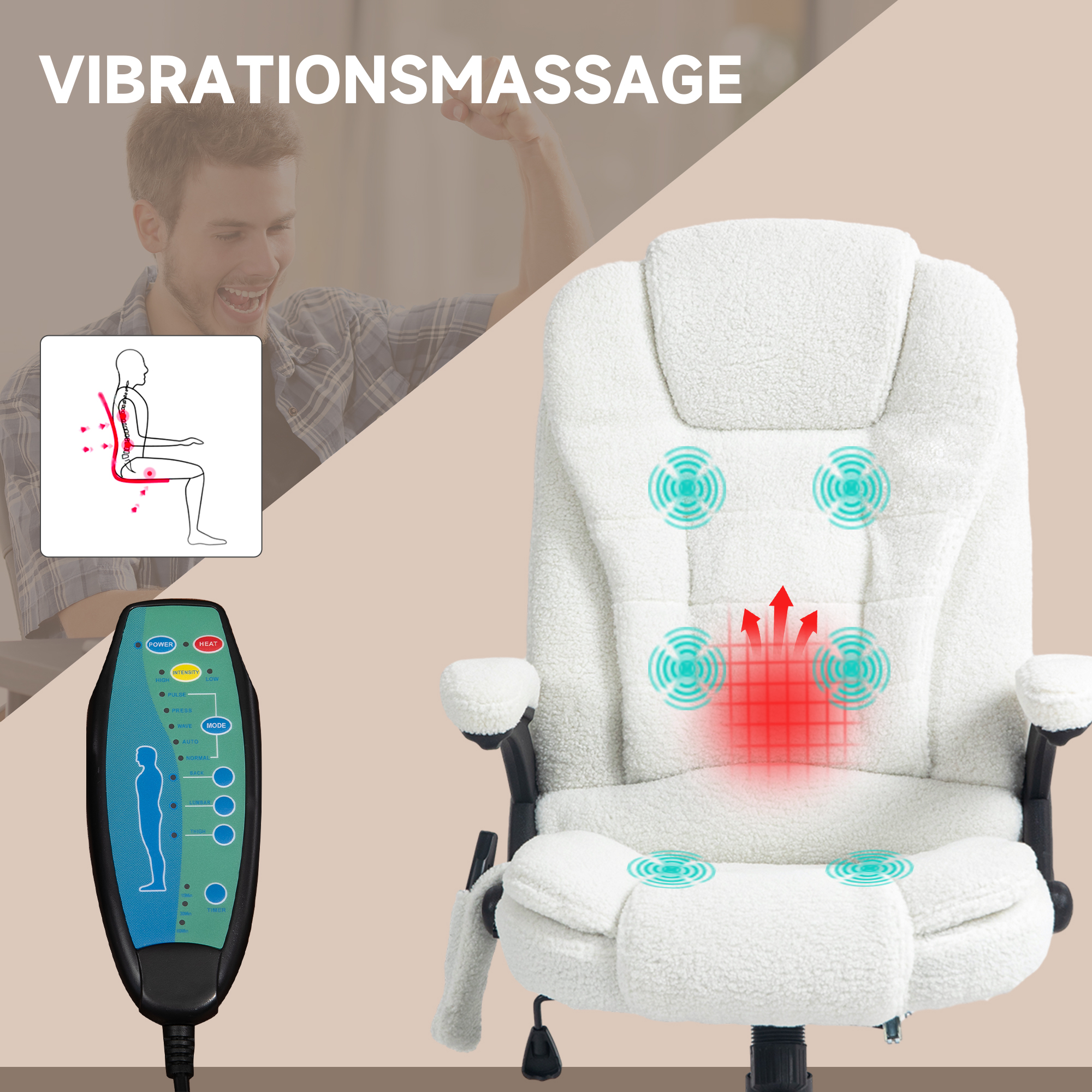 Massagesessel mit Bedienfeld, der Stuhl hat rote Wärmeindikation und Vibrationsmassagezonen.