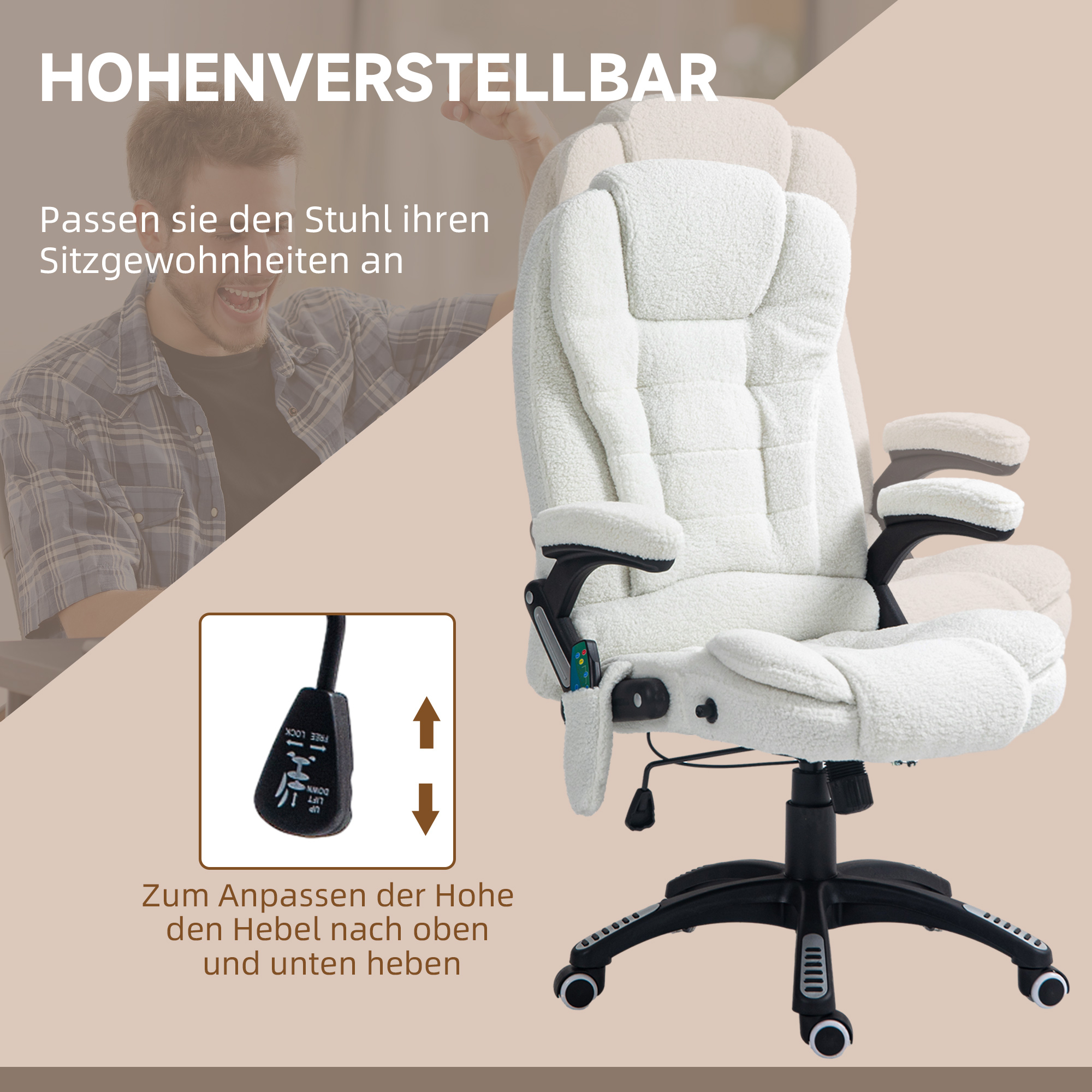 Weißer Bürostuhl, zeigt die Höhenverstellung mit Hebel.