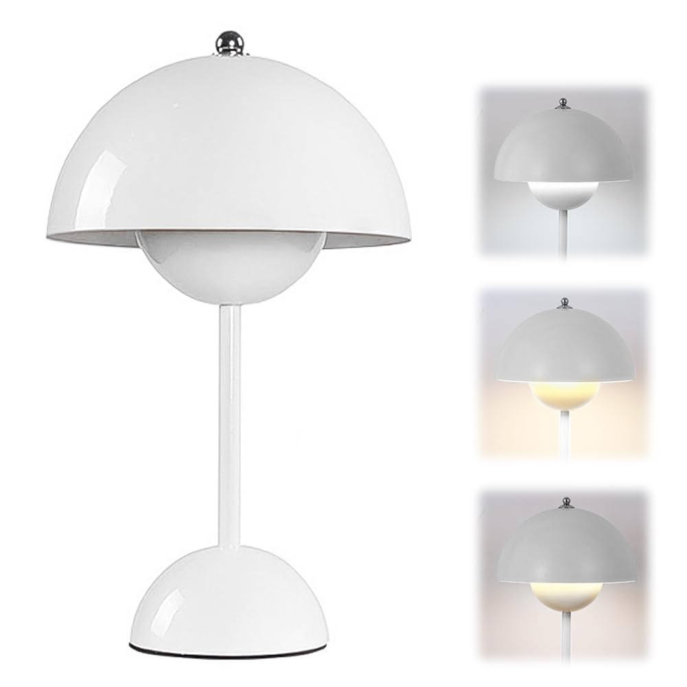 Weiße, pilzförmige Schreibtischlampe mit kugelförmigem Sockel, mit 3 verschiedenen Lichteinstellungen.