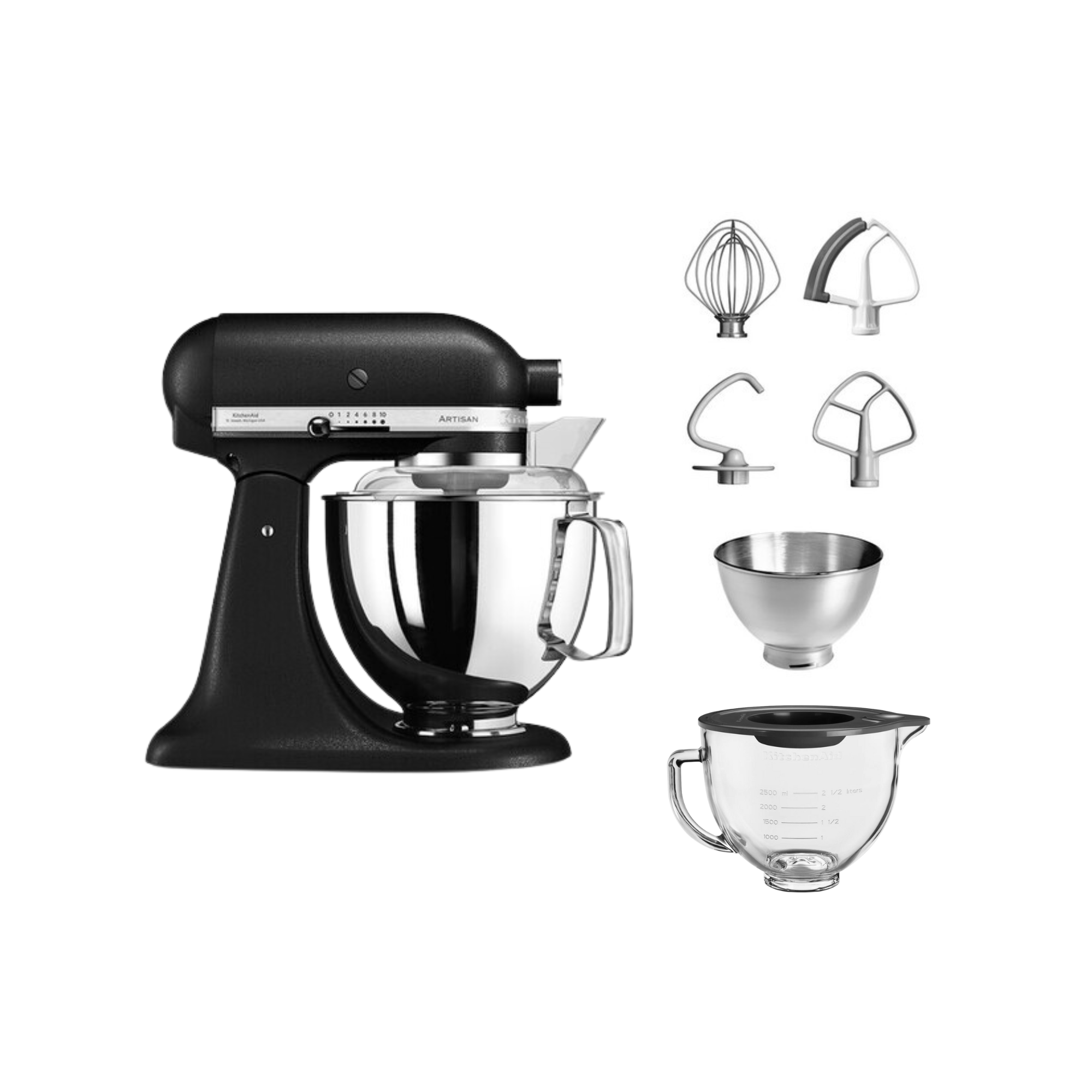 Schwarzer KitchenAid-Mixer mit Aufsätzen, Schüssel und Messbecher vor weißem Hintergrund.