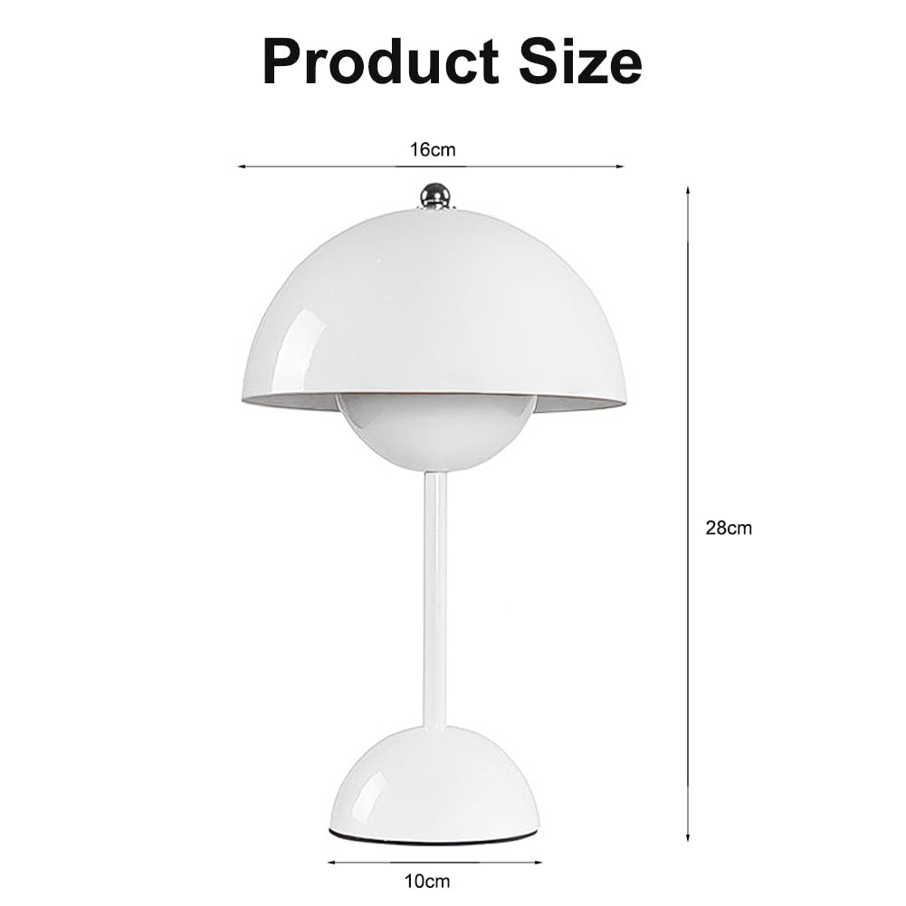 Weiße, pilzförmige Lampe mit Maßangaben: 16cm Breite, 28cm Höhe und 10cm Sockel.