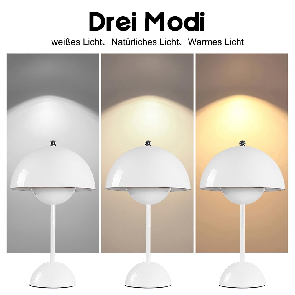 Drei weiße, pilzförmige Lampen, die verschiedene Lichtmodi zeigen: weiß, natürlich und warm.