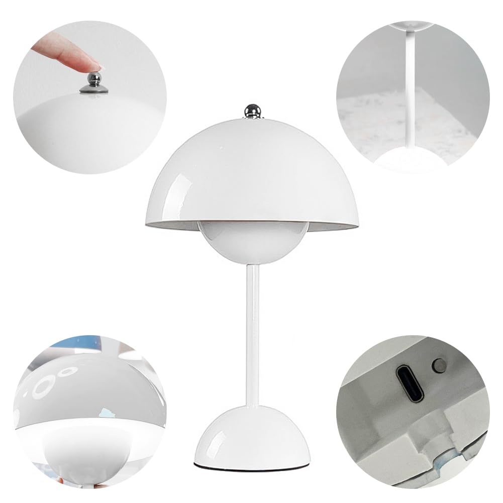 Weiße pilzförmige Lampe mit Nahaufnahmen von Oberseite, Sockel und Berührungsaktivierung.