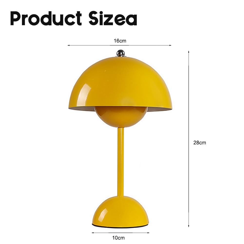 Eine gelbe Lampe mit beschrifteten Abmessungen: 16 cm Breite, 28 cm Höhe und 10 cm Basisdurchmesser.