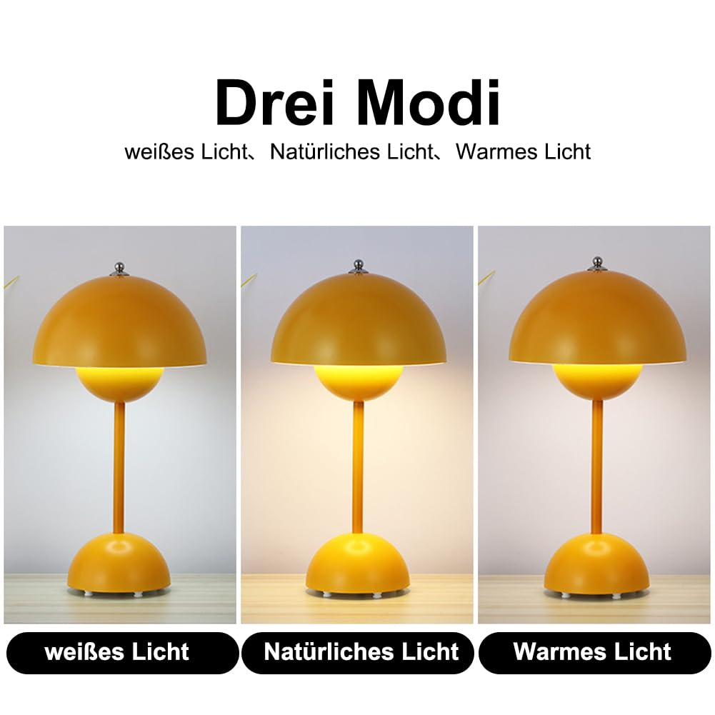 Drei Bilder einer gelben Lampe, die verschiedene Lichtmodi zeigen: weißes, natürliches und warmes Licht.