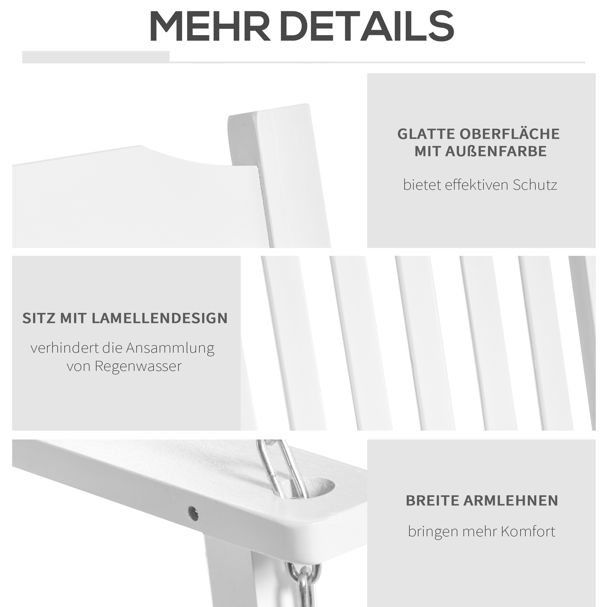 Weiße Stuhldetails: glatte Oberfläche, Lamellendesign und breite Armlehnen.