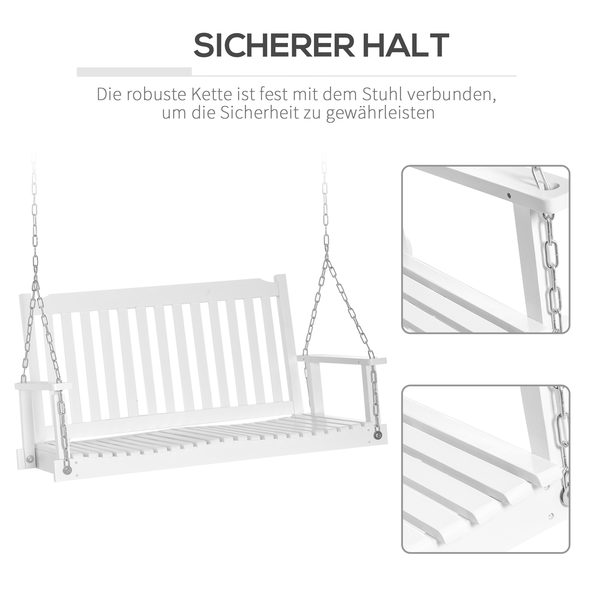 Nahaufnahme eines weißen Holzschaukelsets. Ketten und Details sind sichtbar. Text ist auf Deutsch.