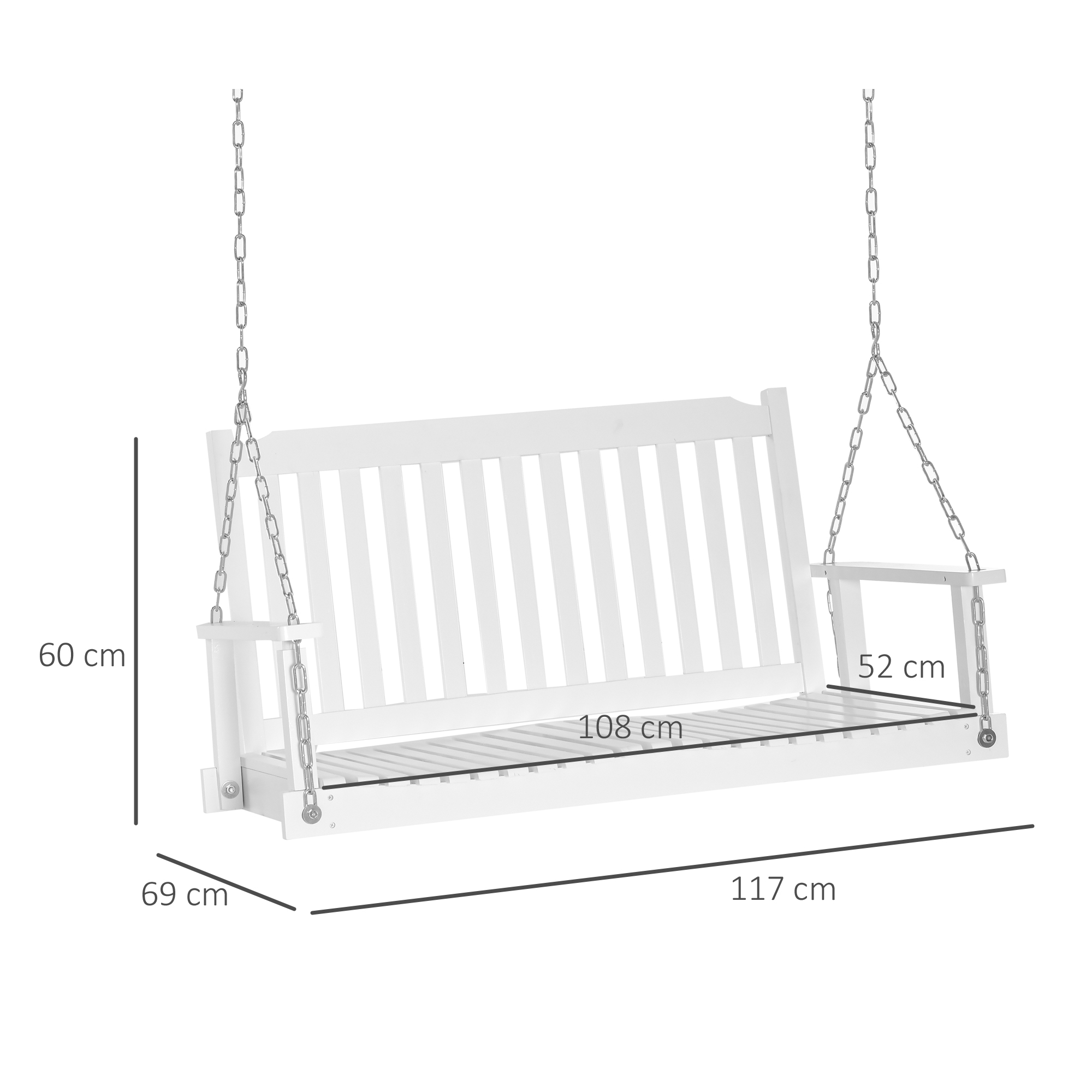 Weißes Holzschaukelset mit Abmessungen. Länge 117cm, Breite 69cm, Höhe 60cm. Ketten sichtbar.