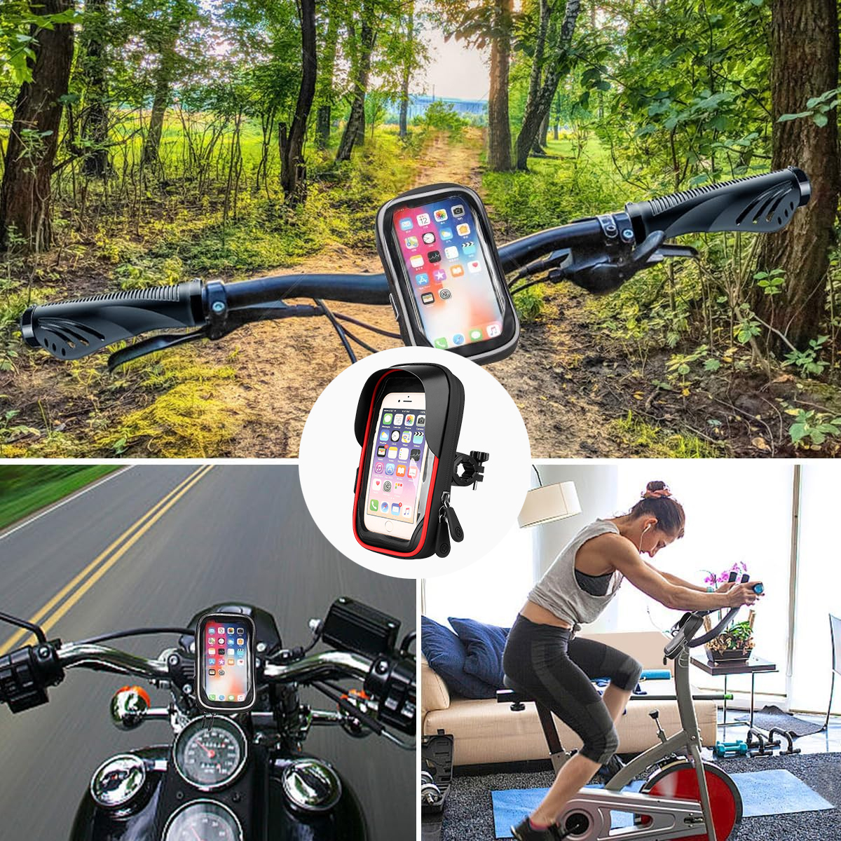 Fahrrad-Telefonhalterung im Wald, auf der Straße und auf dem Heimtrainer. Telefon zeigt Apps. Person radelt drinnen.
