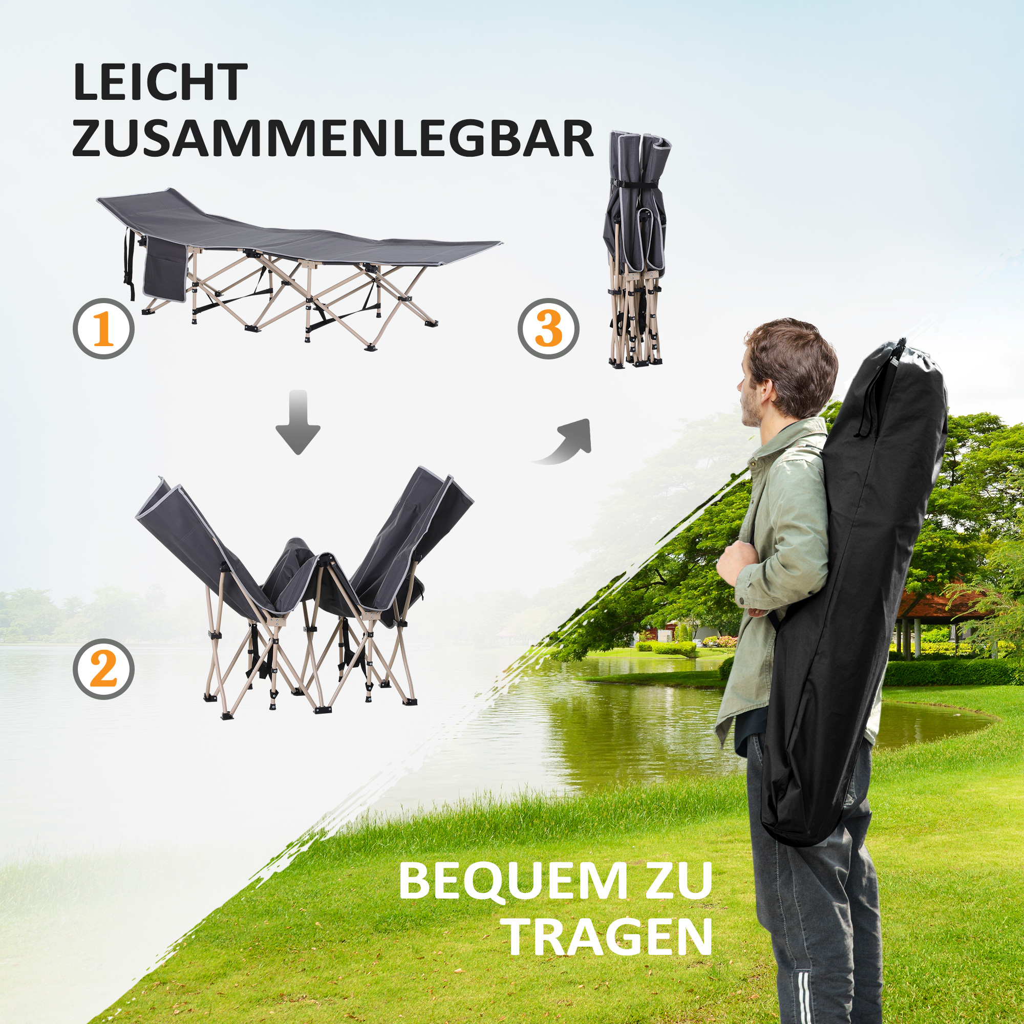 Mann trägt eine graue, zusammenklappbare Campingliege. Bilder zeigen Liege gefaltet, teilweise gefaltet und in Gebrauch.