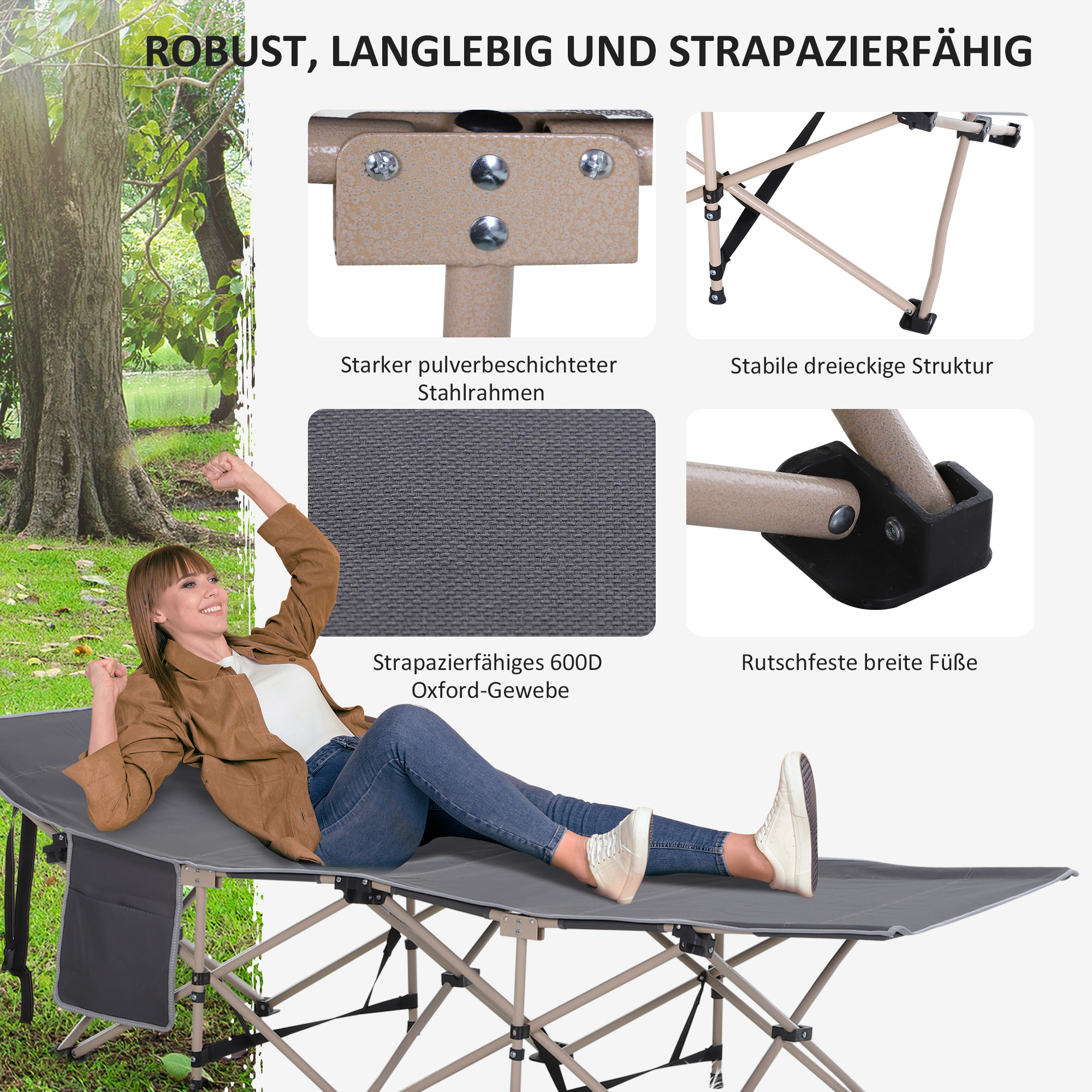 Eine Frau entspannt sich auf einer grauen Campingliege. Merkmale: starker Stahlrahmen, strapazierfähiger Oxford-Stoff und rutschfeste Füße.
