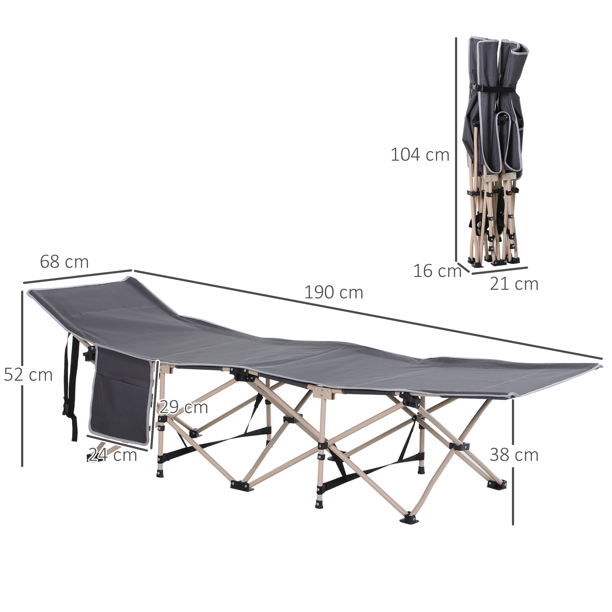 Ein zusammengeklapptes graues Campingbett mit Abmessungen. Es ist grau mit beigem Rahmen und schwarzen Stützen.