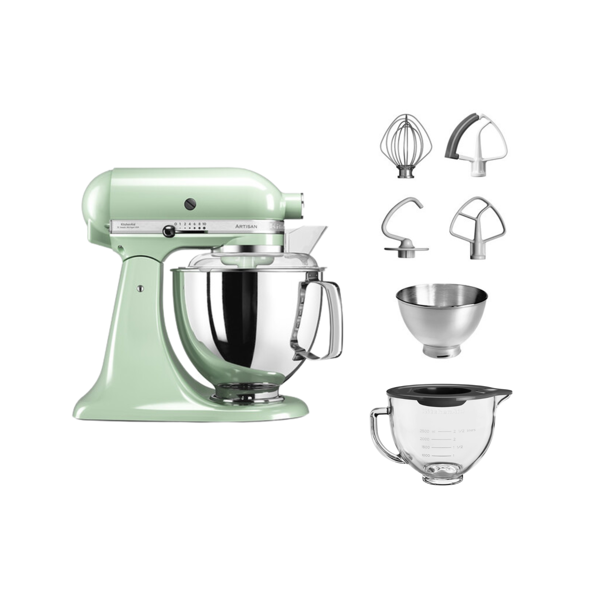 Ein mintgrüner KitchenAid-Küchenmixer mit Aufsätzen und einer Edelstahlschüssel. Weißer Hintergrund.