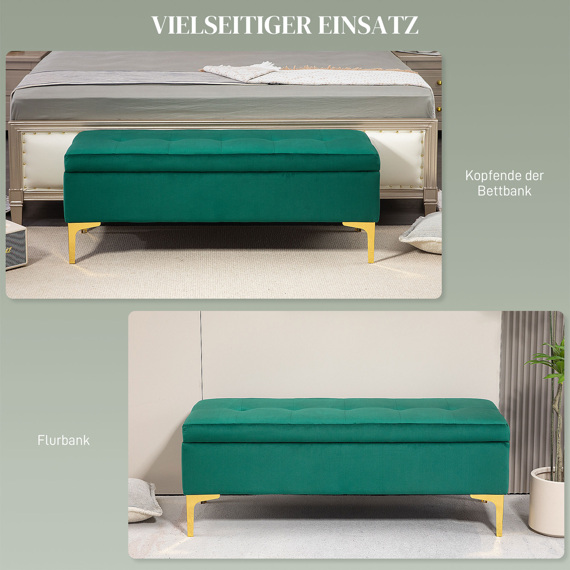 Grüne Aufbewahrungsbank im Schlafzimmer und Flur. Goldene Beine und Knopfdetails.
