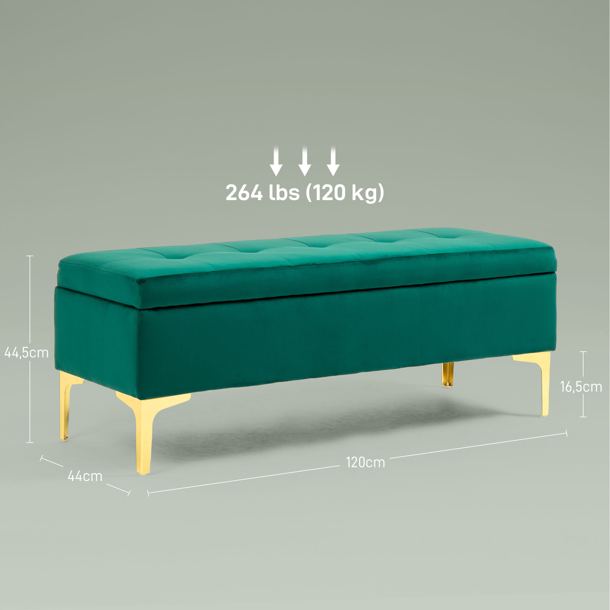 Eine grüne Aufbewahrungsbank mit Abmessungen. Sie hat goldene Beine und steht auf grauem Hintergrund. Sie kann 120 kg tragen.
