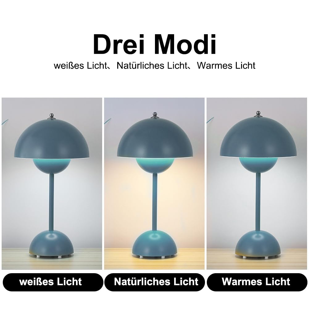 Eine blaue Tischlampe, die drei Lichtmodi zeigt: weiß, natürlich und warm. Sie steht auf weißem Hintergrund.