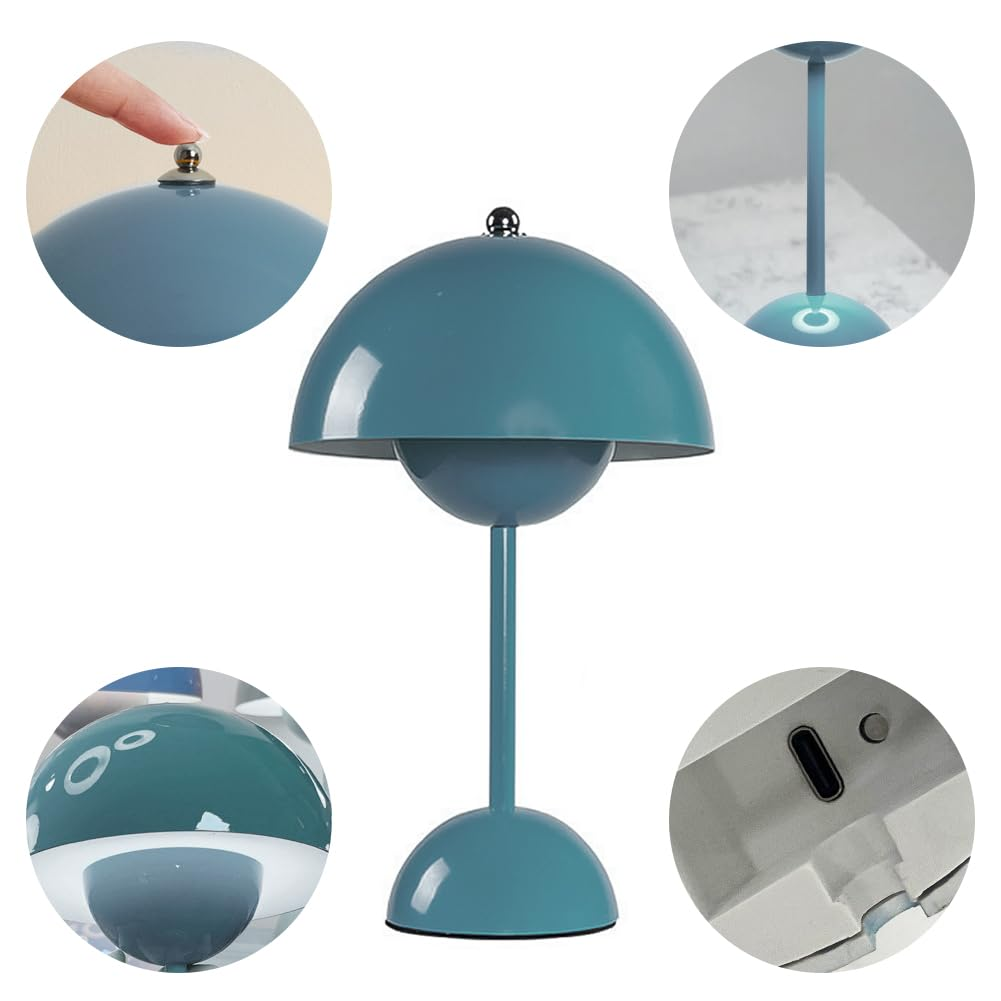 Mehrere Ansichten einer türkisfarbenen Lampe mit berührungsempfindlicher Oberseite und abgerundeter Basis. Details werden gezeigt.