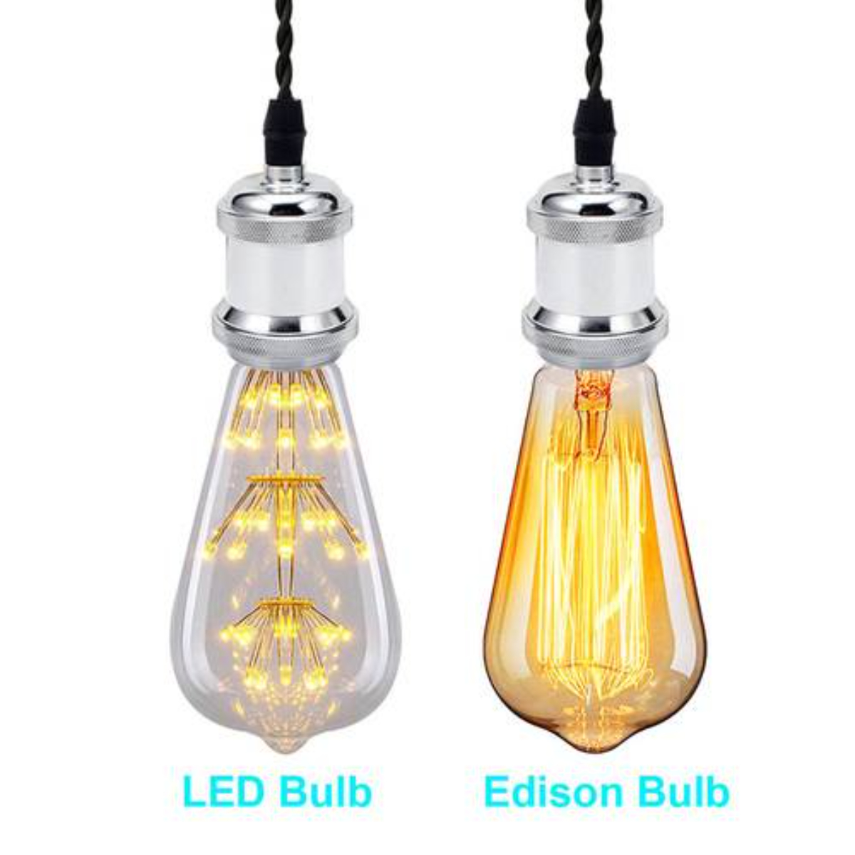 Zwei LED-Glühbirnen. Eine klar mit LED-Filamenten, eine bernsteinfarbene Edison-Art. Text: LED-Glühbirne, Edison-Glühbirne.