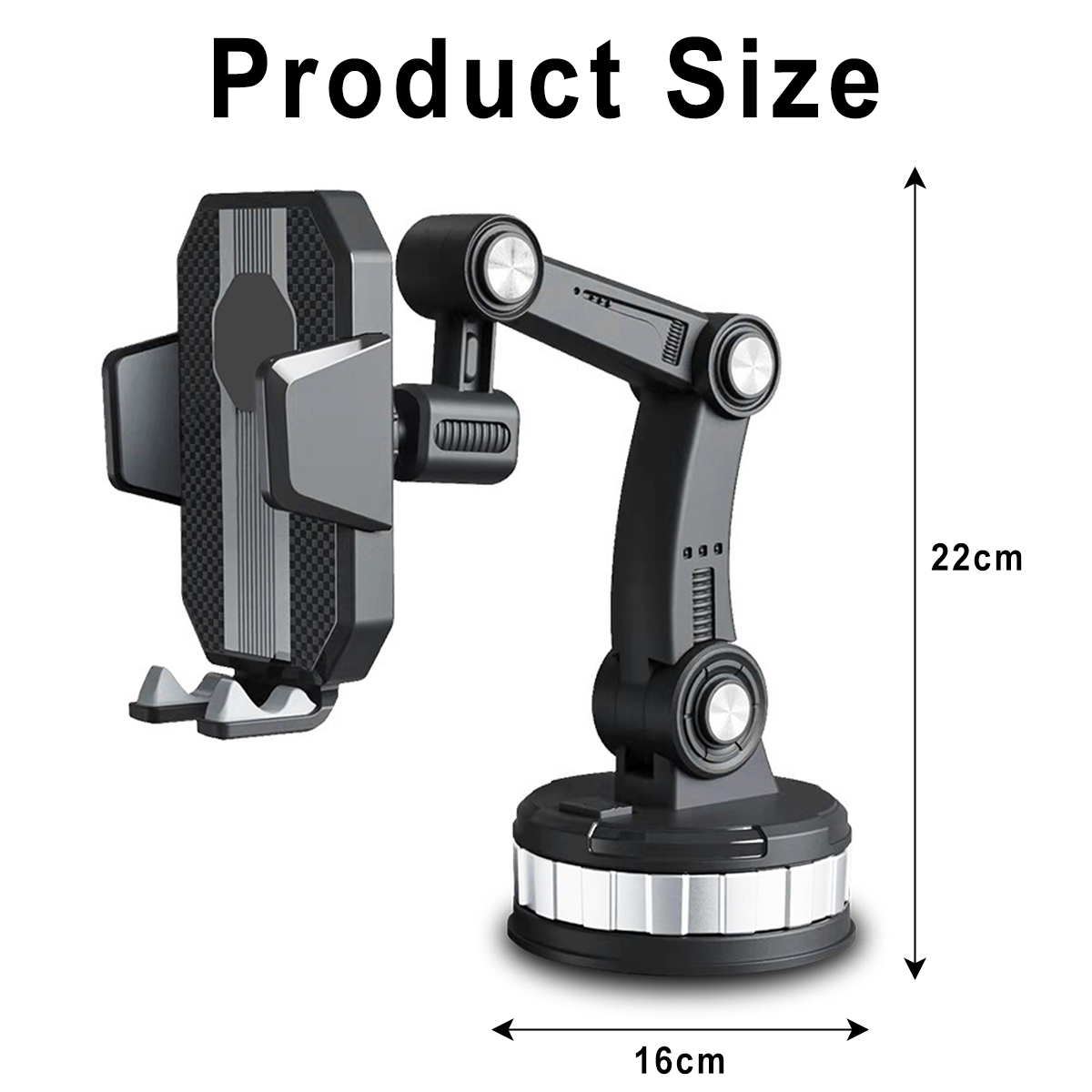 Ein schwarzer Telefonhalter mit Roboterarm-Design. Abmessungen sind angegeben, 16 cm x 22 cm.