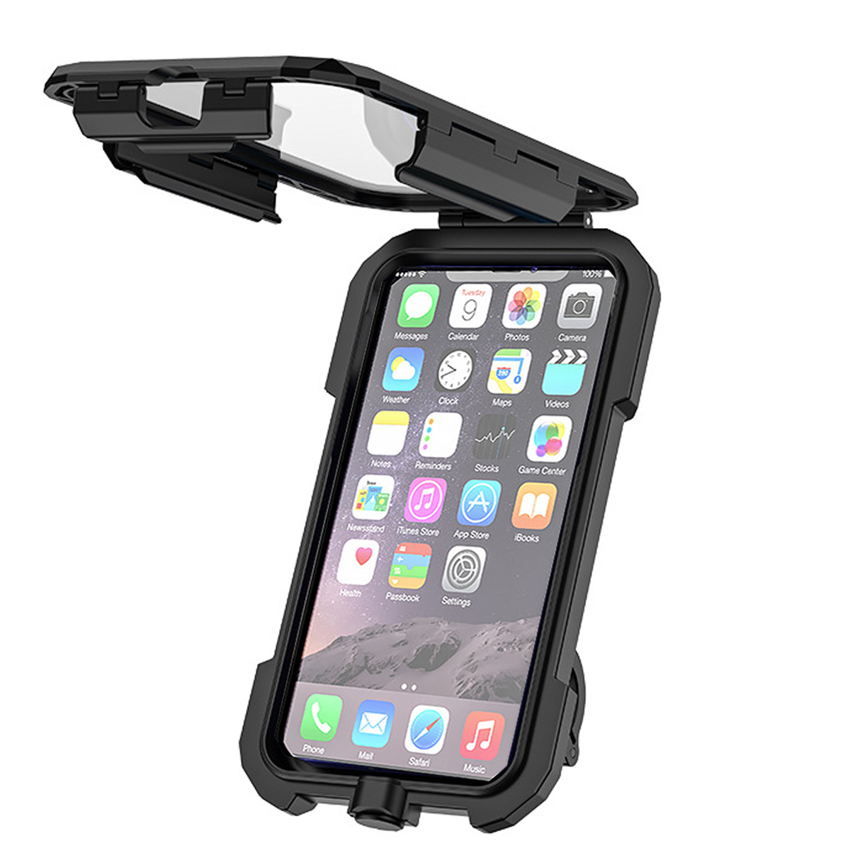 Schwarze Handyhülle mit einem Telefon darin. Telefonbildschirm mit App-Symbolen. Die Hülle hat eine transparente Abdeckung.