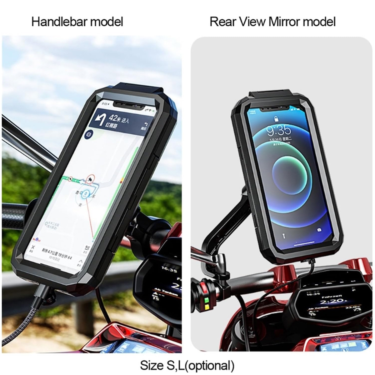 Telefon an Fahrradlenker und Rückspiegel montiert. Das Telefon zeigt eine Karte an.