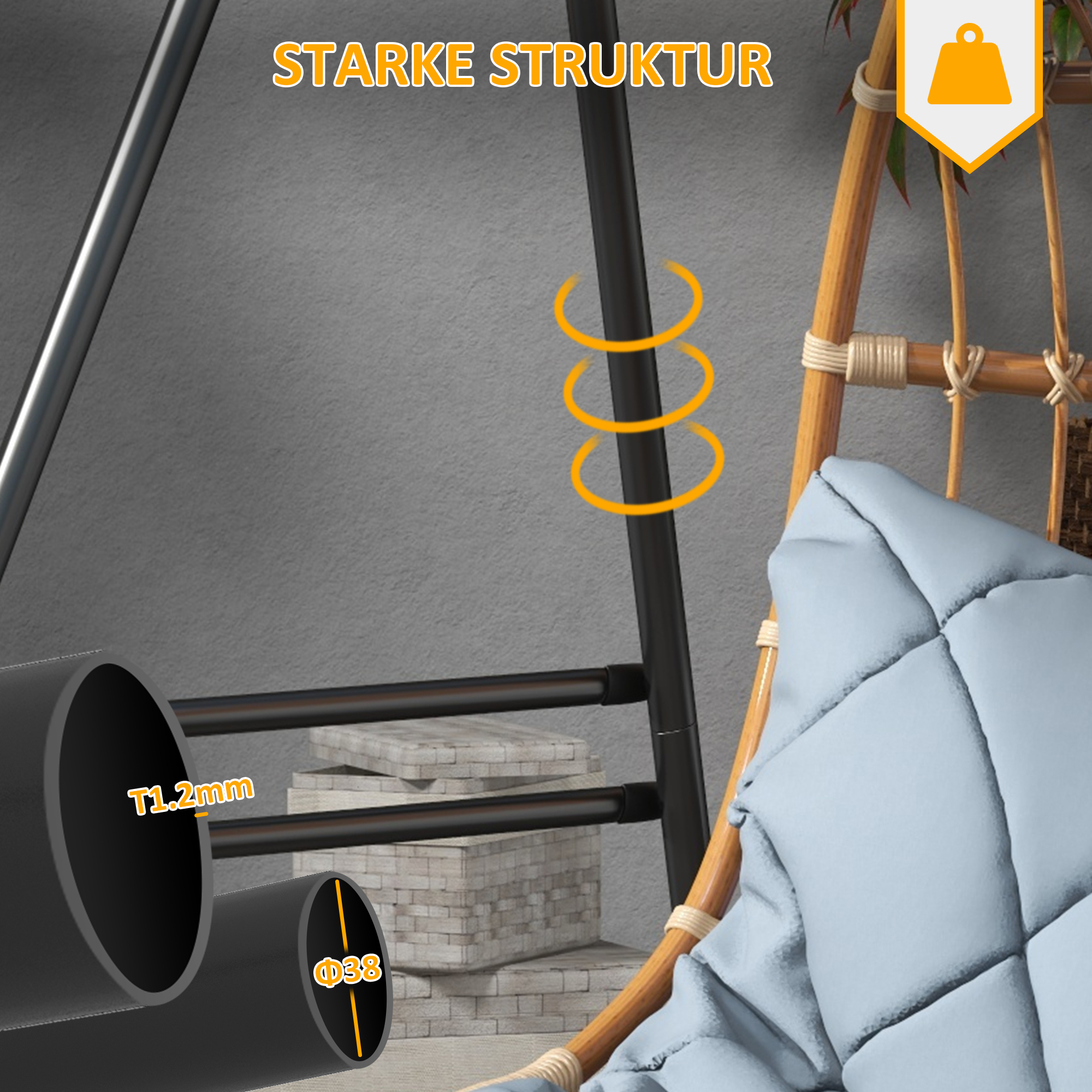 Nahaufnahme eines schwarzen Schaukelgestells. Text: STARKE STRUKTUR. Abmessungen: Ø38, T1,2 mm.