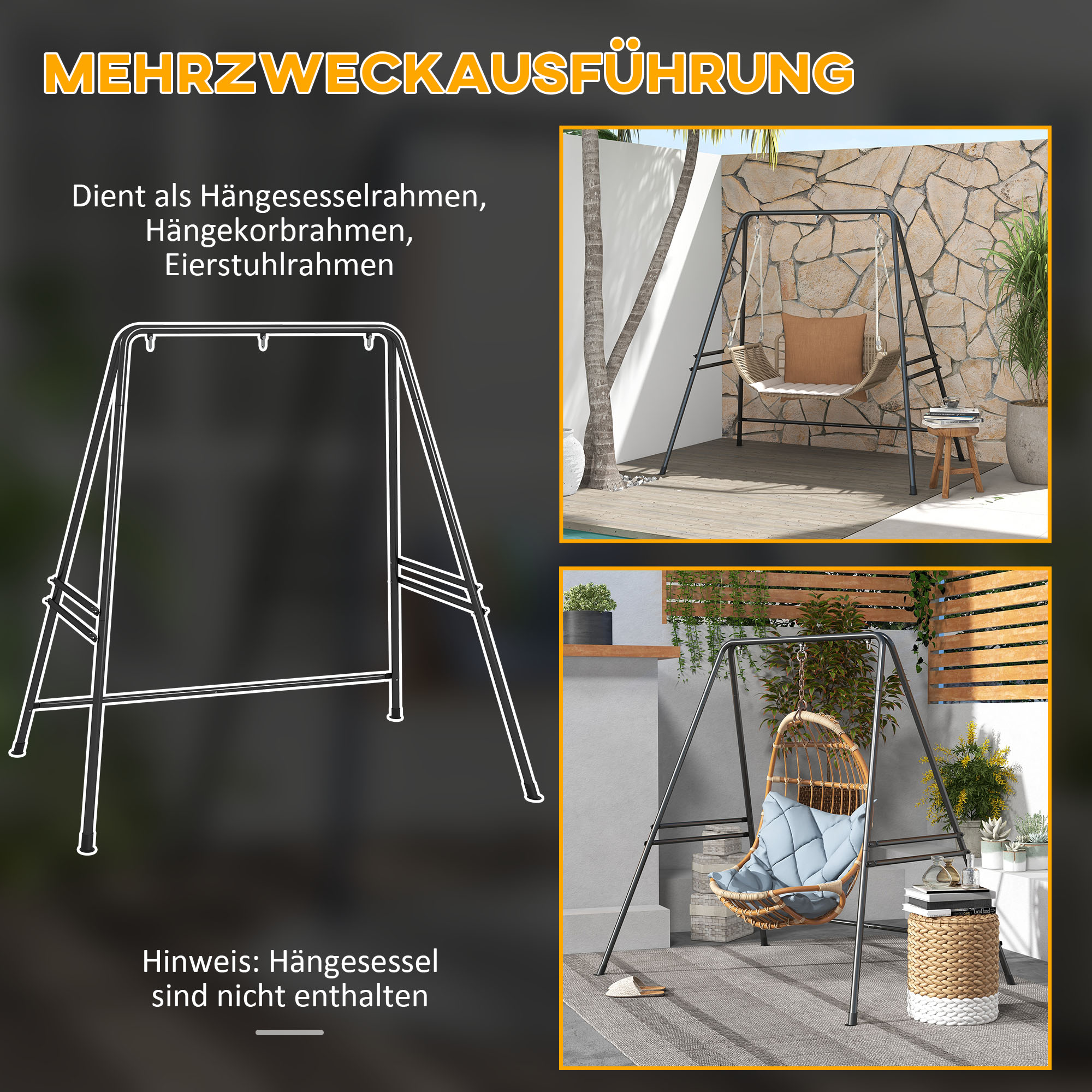Diagramm eines Schaukelgestellrahmens. Verschiedene Schaukeltypen, einschließlich Hängematten und Eiersessel, werden angezeigt.