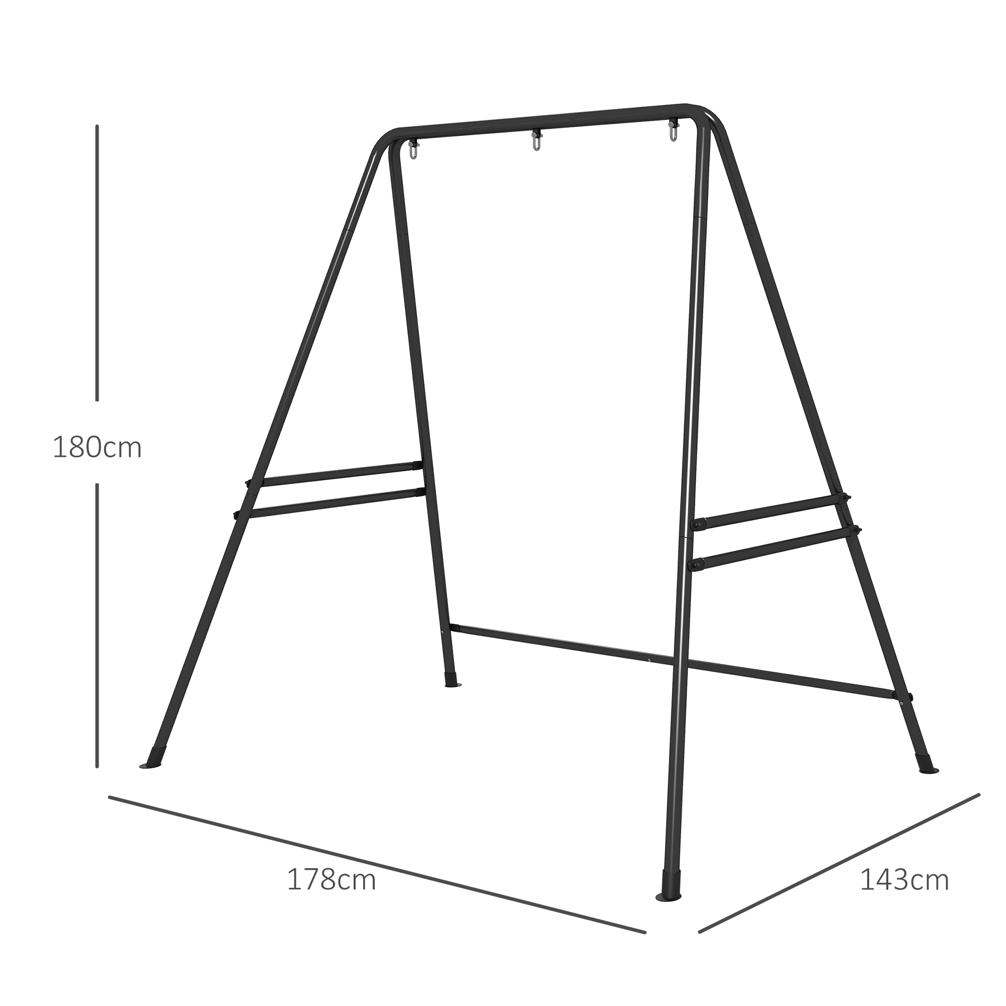 Schwarzes Metall-Schaukelgerüst. Abmessungen sind beschriftet: 180 cm hoch, 178 cm breit und 143 cm tief.